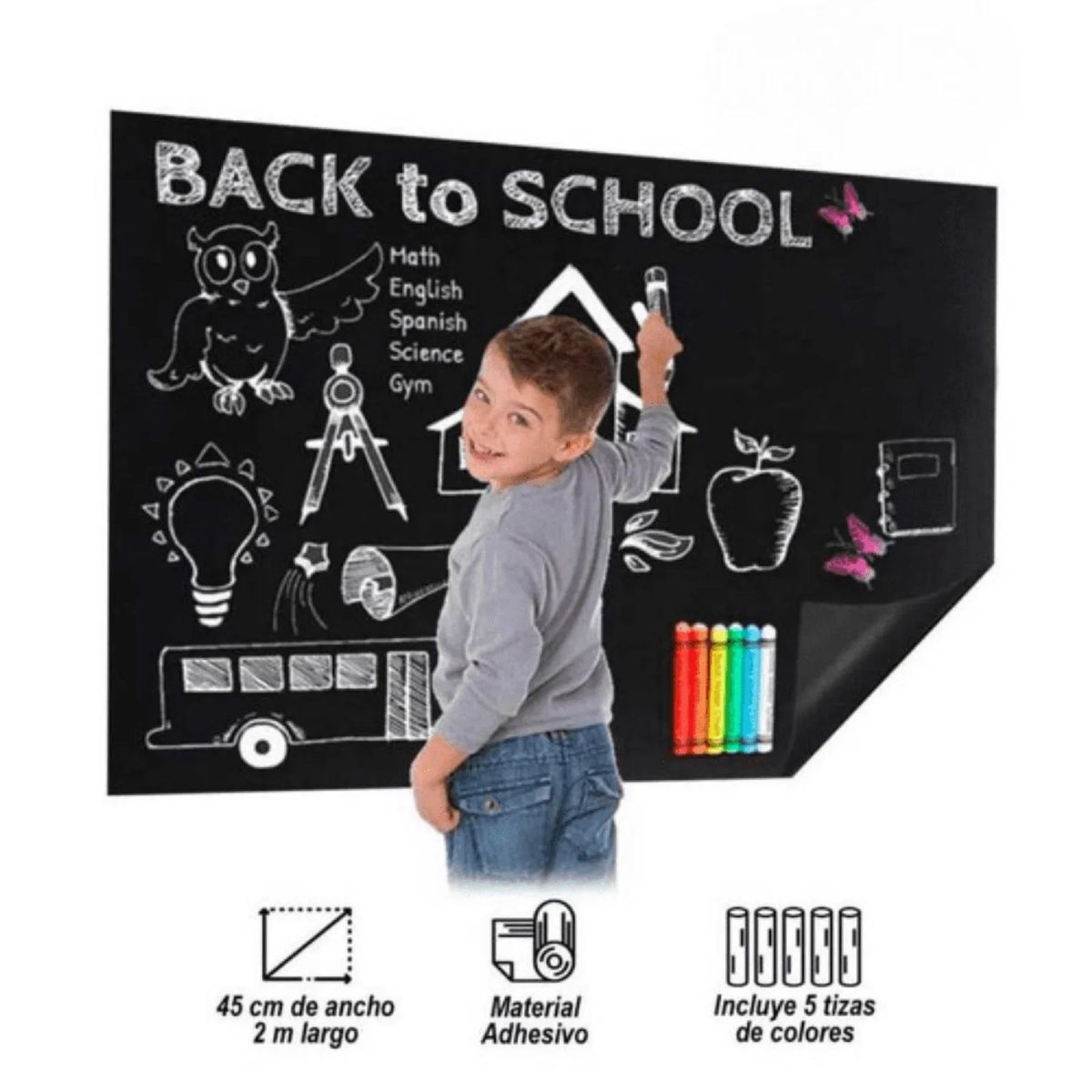 GENERICO - Pizarra Negra Adhesiva Reutilizable 45x200 cm con Tizas