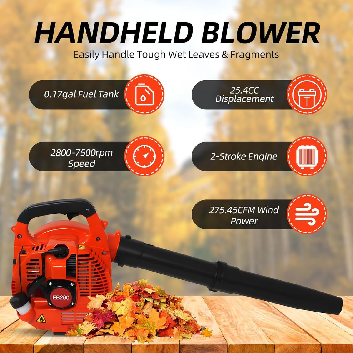 KUANGYE - 750W Soplador de Mano hojas a gasolina Gasolina De Alta Potencia   Motor de 2 tiempos 25.4CC