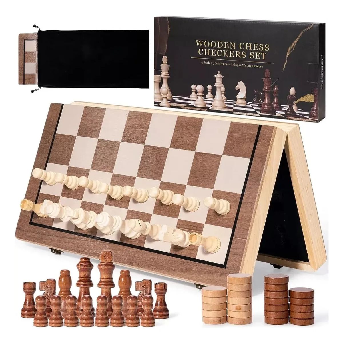 KUANGYE - Ajedrez Magnético,Tablero Ajedrez Plegable,Ajedrez + Damas Juego 2 En 1,Portátil y Educativo