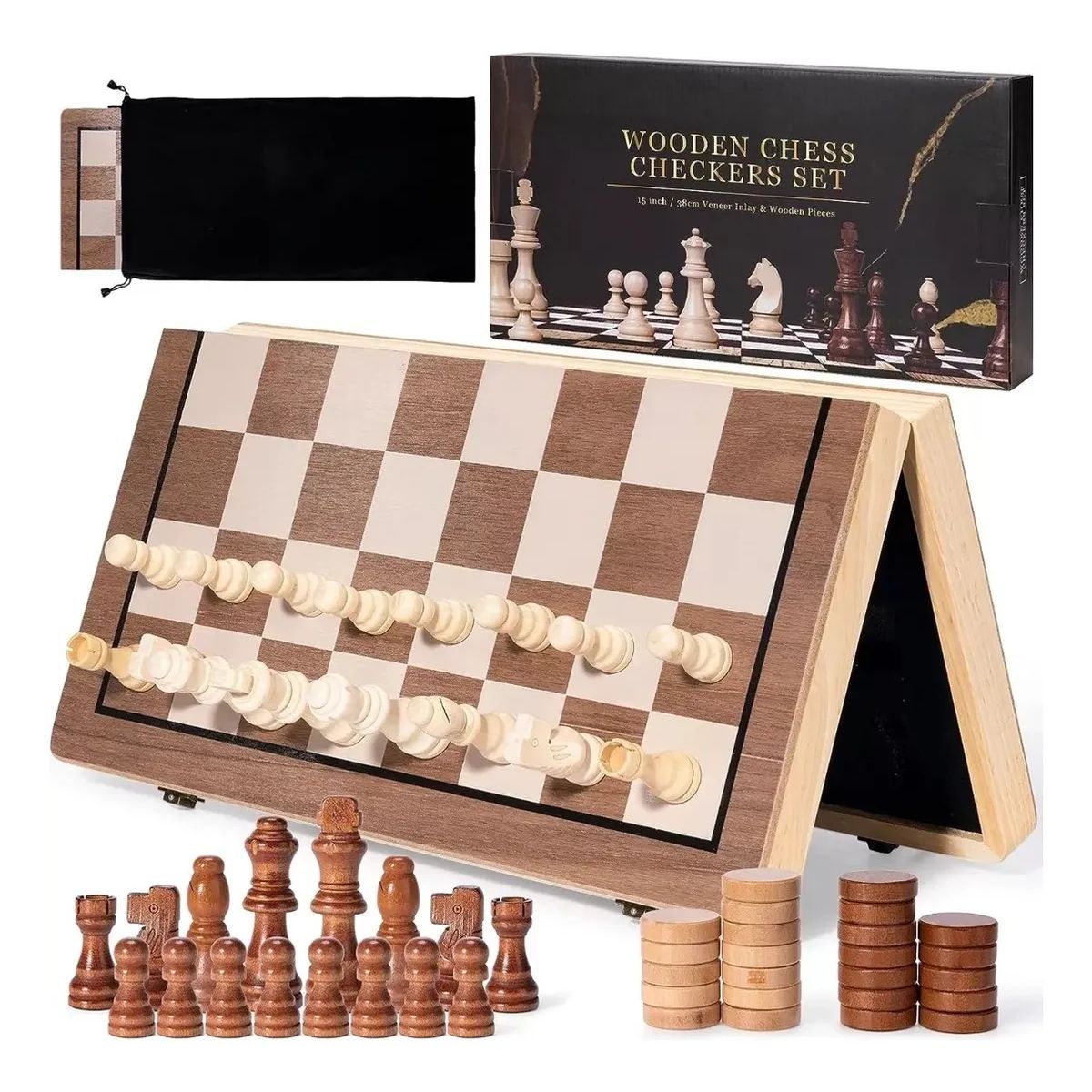 KUANGYE - Ajedrez Magnético,Tablero Ajedrez Plegable,Ajedrez + Damas Juego 2 En 1,Portátil y Educativo