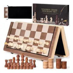 KUANGYE - Ajedrez Magnético,Tablero Ajedrez Plegable,Ajedrez + Damas Juego 2 En 1,Portátil y Educativo