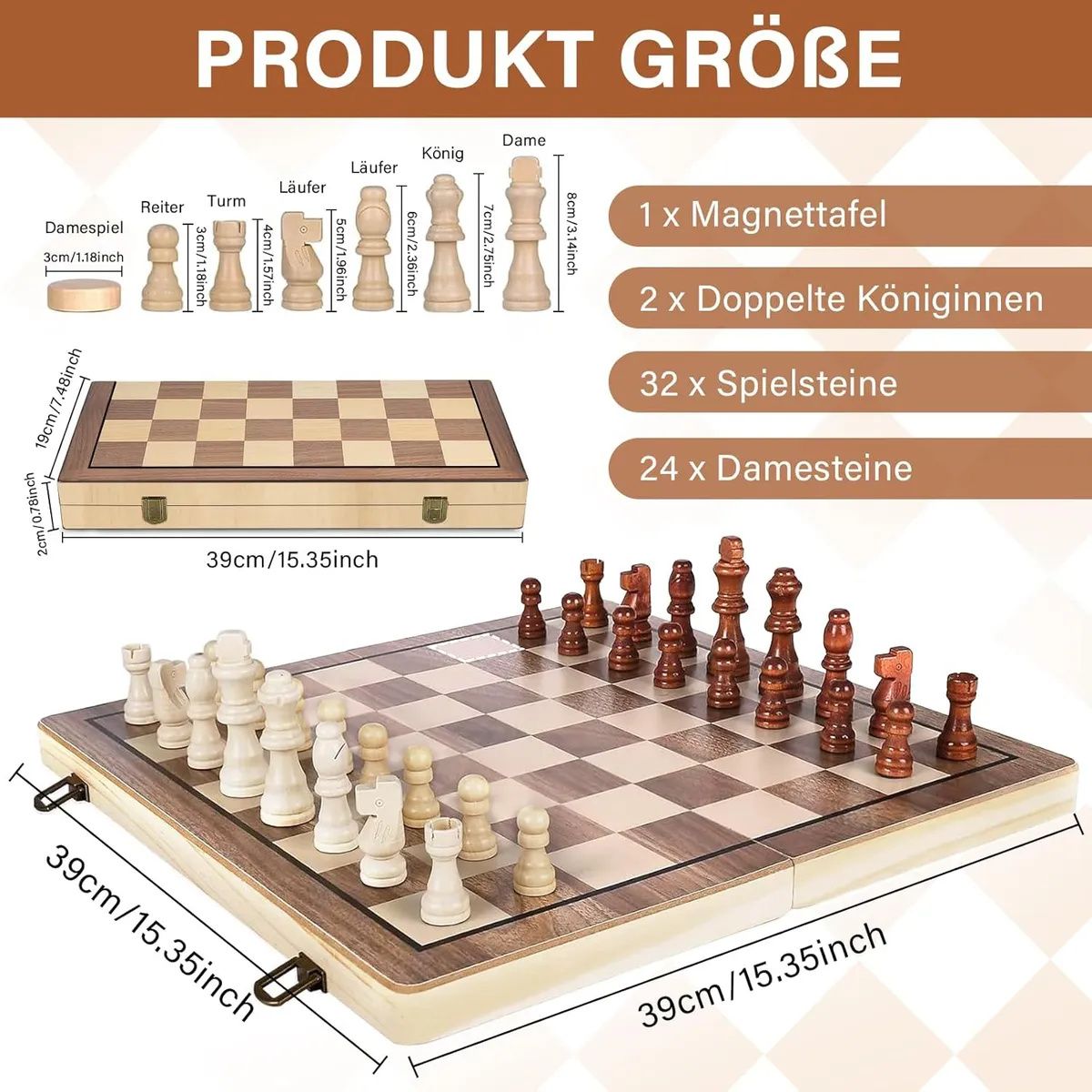 KUANGYE - Ajedrez Magnético,Tablero Ajedrez Plegable,Ajedrez + Damas Juego 2 En 1,Portátil y Educativo