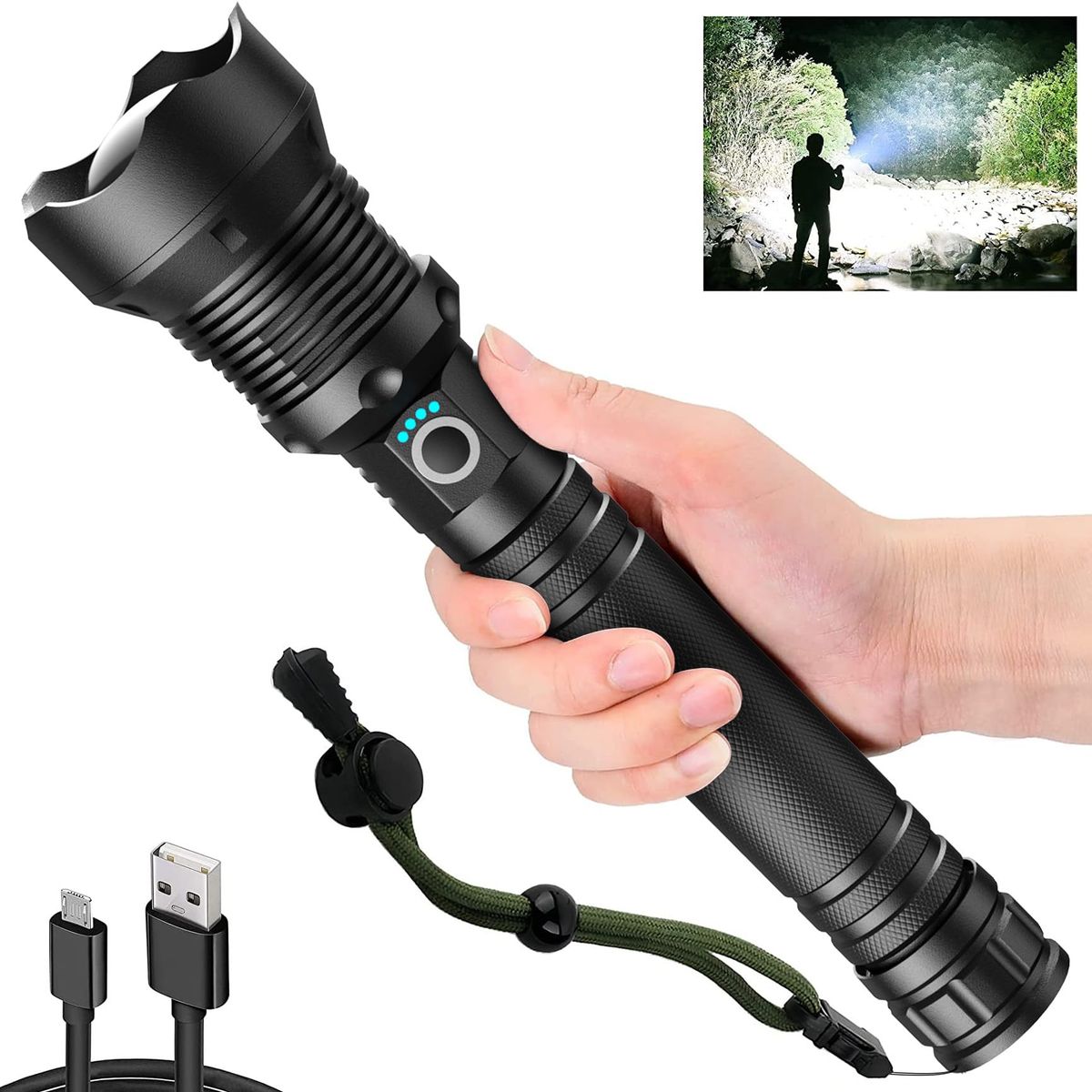 BITART - Linterna Led P90 Camping Outdoor Carga USB Aleación Negra