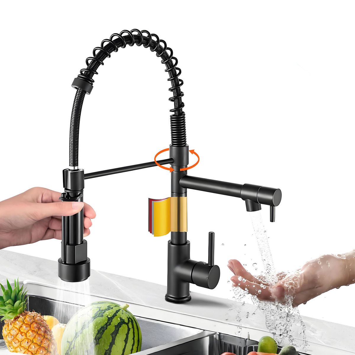 BLUEDREAMER - Grifo de cocina giratorio de 360° de acero inoxidable con protector antisalpicaduras extraíble