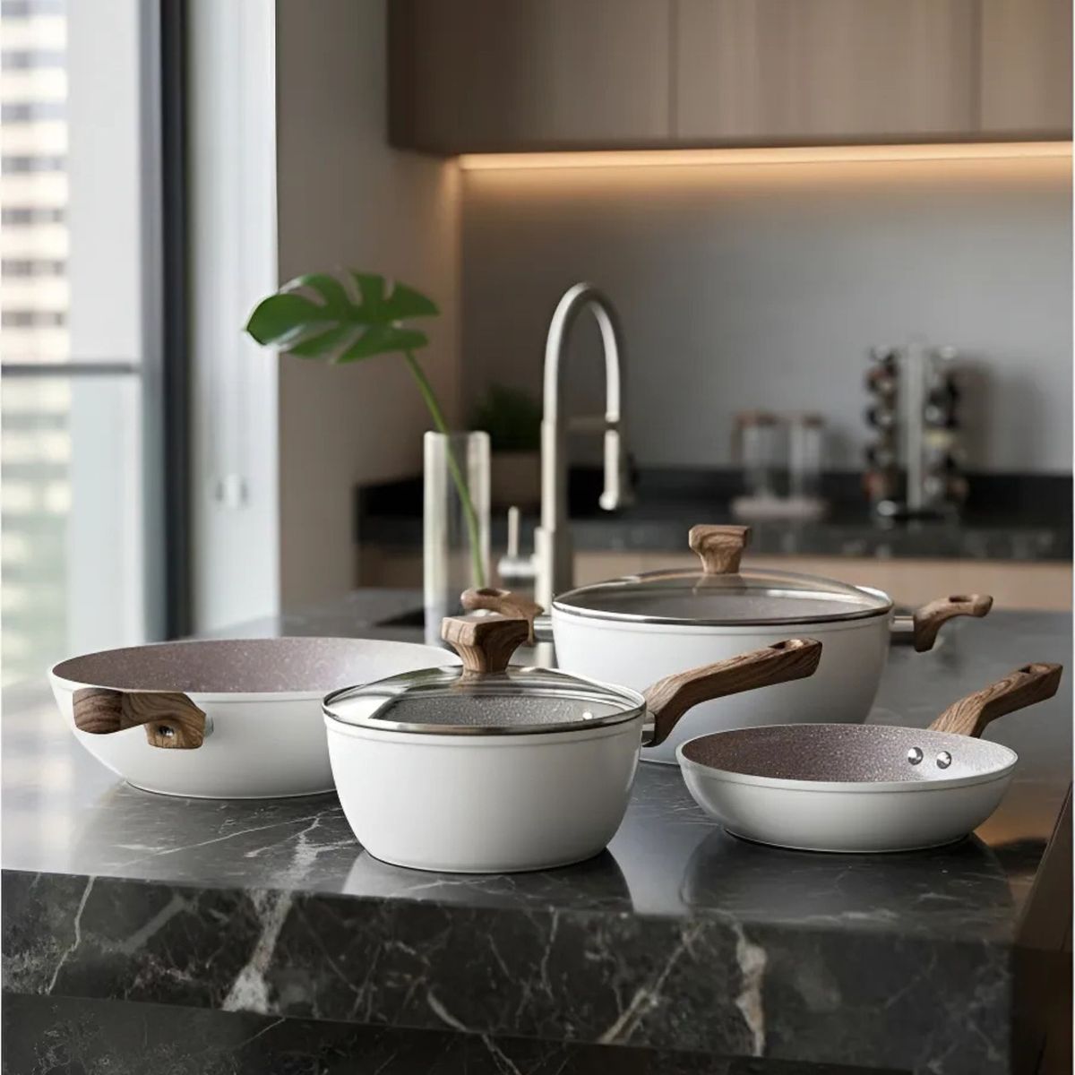 GENERICO - Bateria De Cocina 7 Piezas Antiadherente Ceramica Malibú