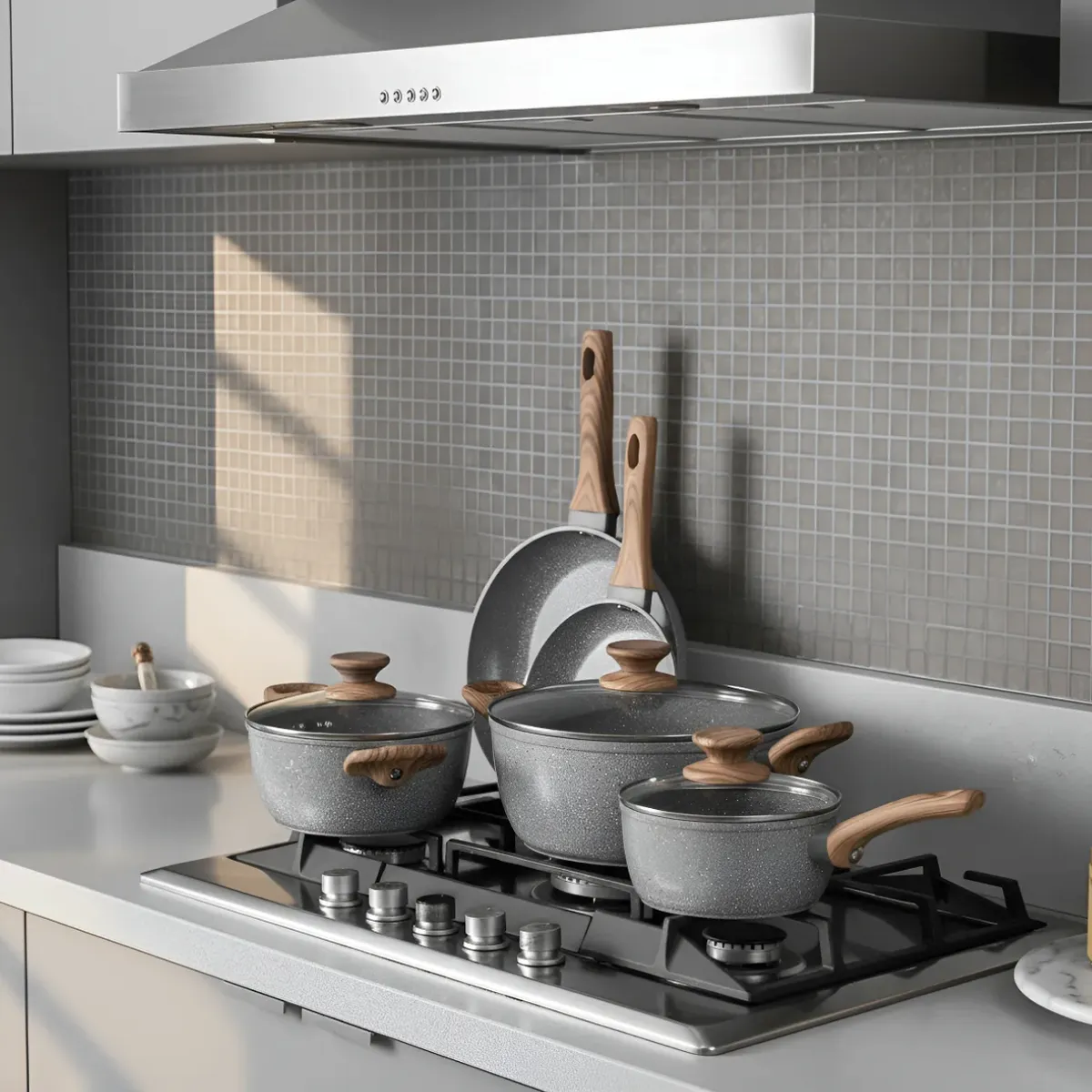 GENERICO - Bateria De Cocina 8 Piezas Antiadherente Ceramica Marmolada