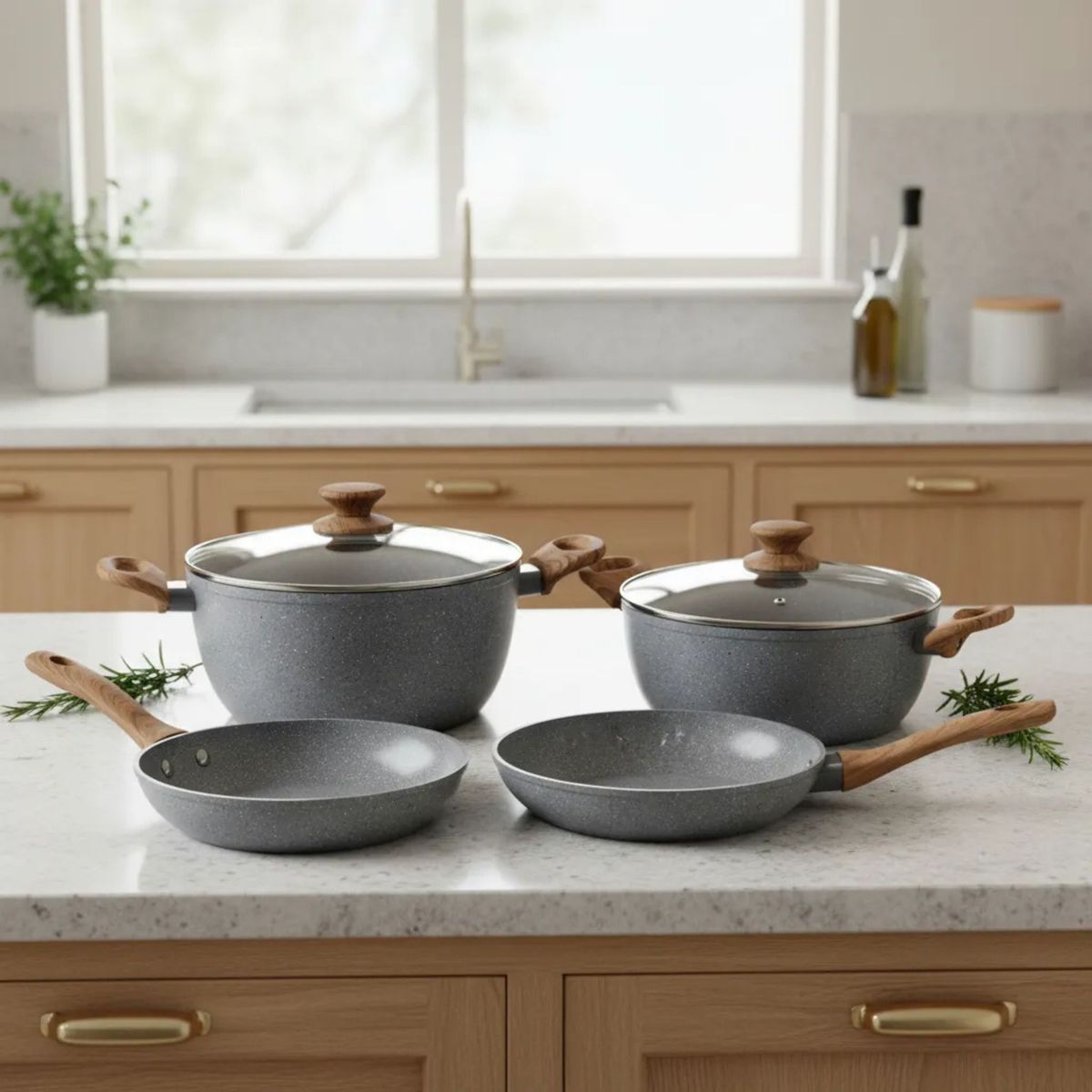 GENERICO - Bateria De Cocina 6 Piezas Antiadherente Ceramica Marmolada