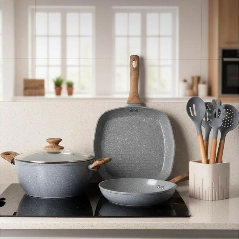 GENERICO - Bateria De Cocina 8 Piezas Antiadherente Ceramica Marmolada