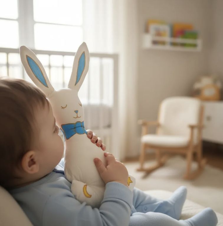 Conejo de apego pintado a mano en 100% algodon relleno antialergico Montessori 32 cm