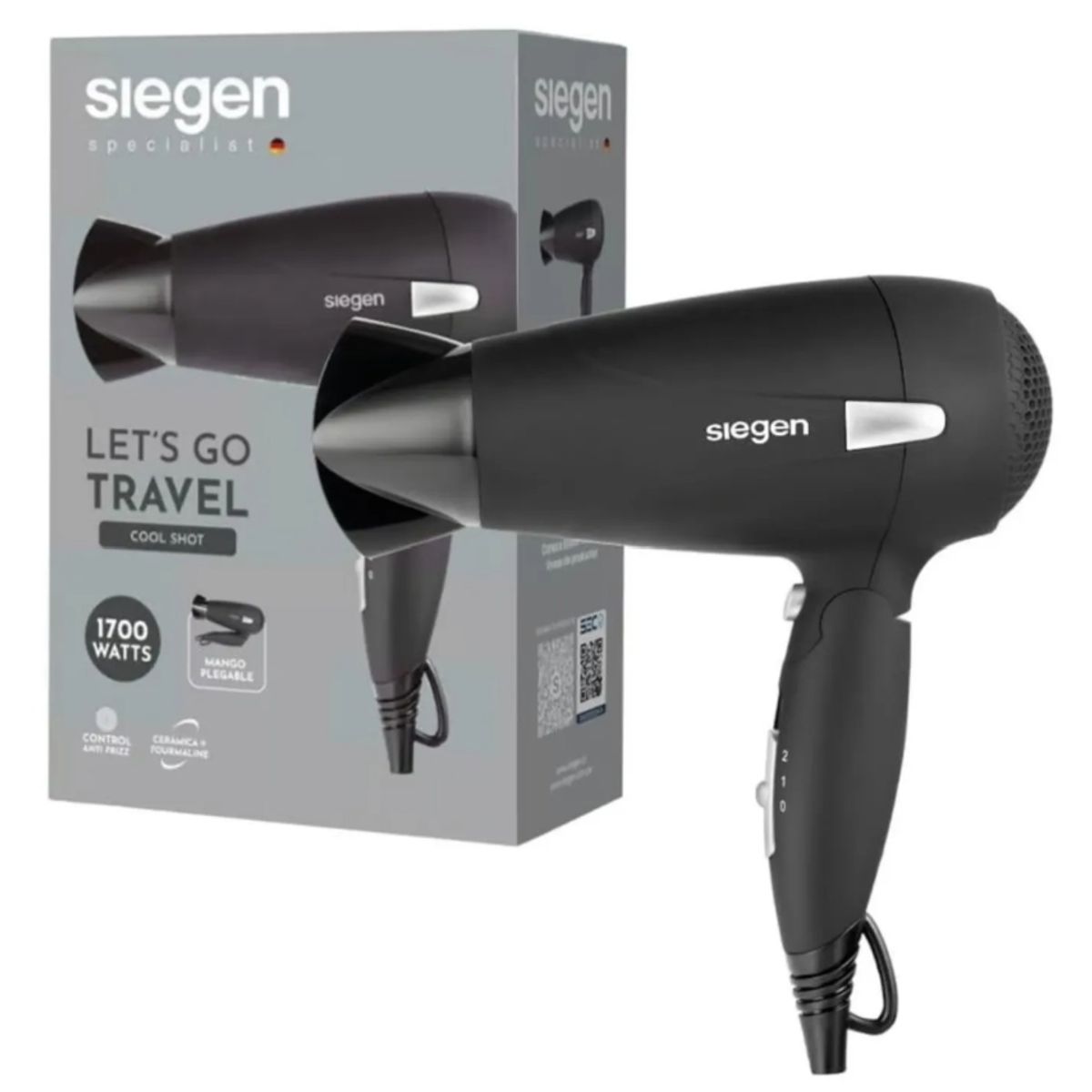 SIEGEN - Secador de Pelo Tourmalina Ion Siegen Letsgo Travel Negro SG3012 1700W