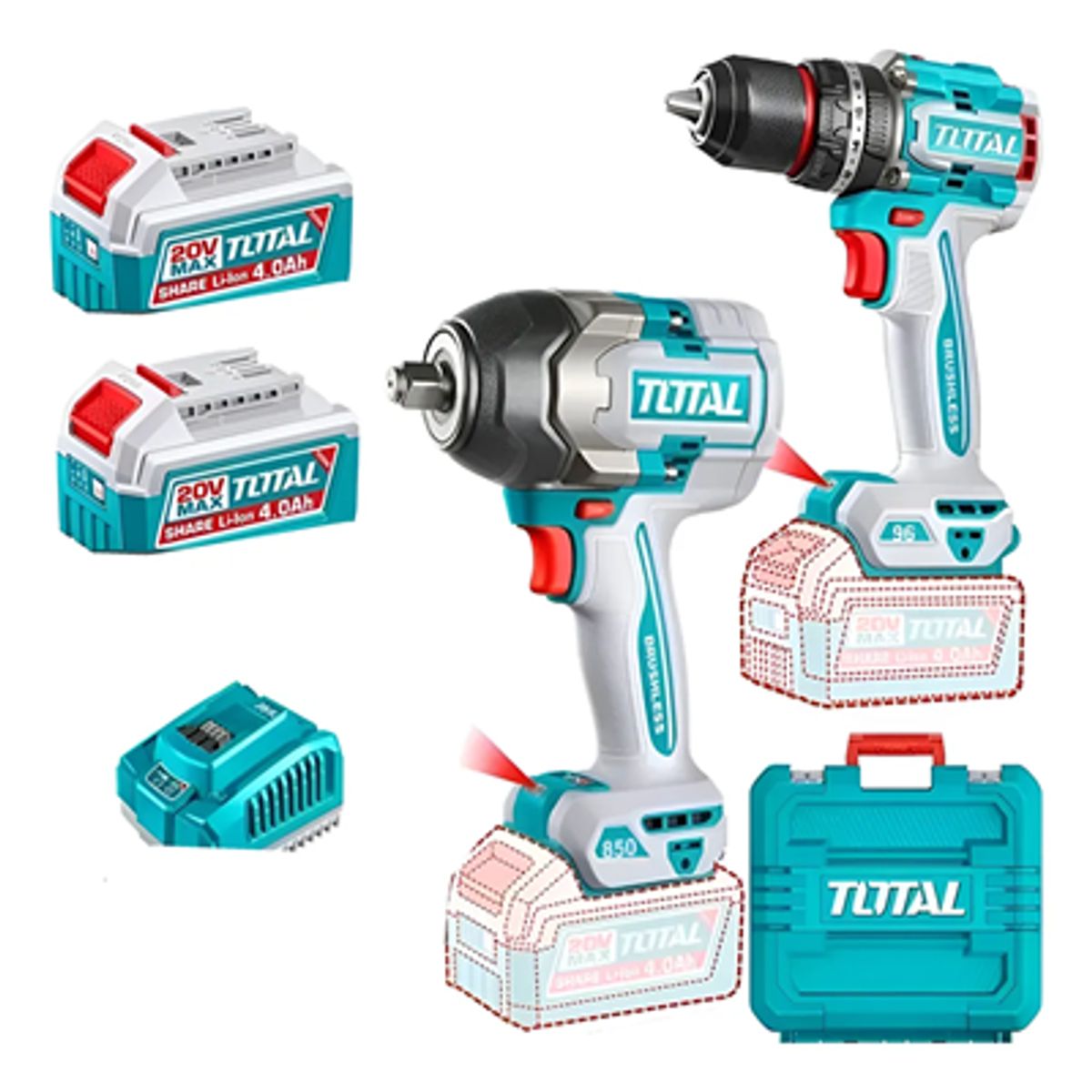 TOTAL TOOLS - Kit Llave Impacto 850nm + Taladro 20v Carg+ 2bat Total