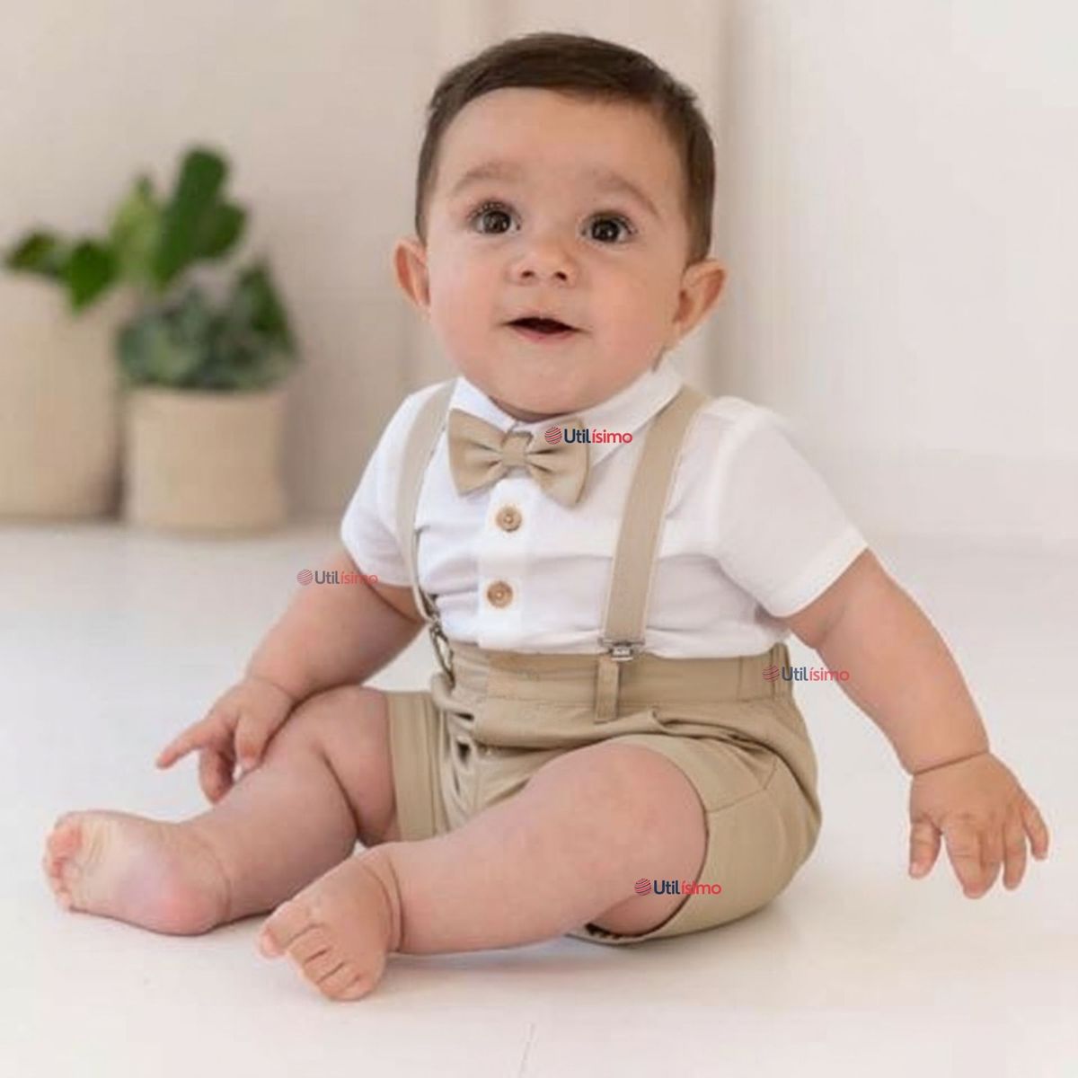 LB CHILE - Conjunto De Vestir Con Tirantes Camisa Short Algodón Bebes Beige