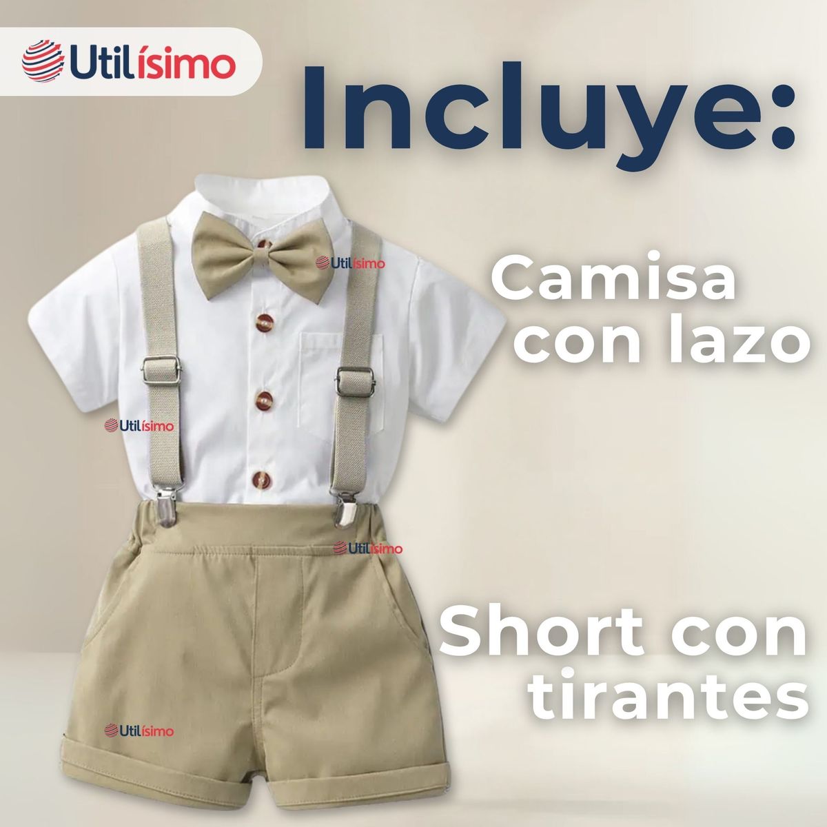 LB CHILE - Conjunto De Vestir Con Tirantes Camisa Short Algodón Bebes Beige