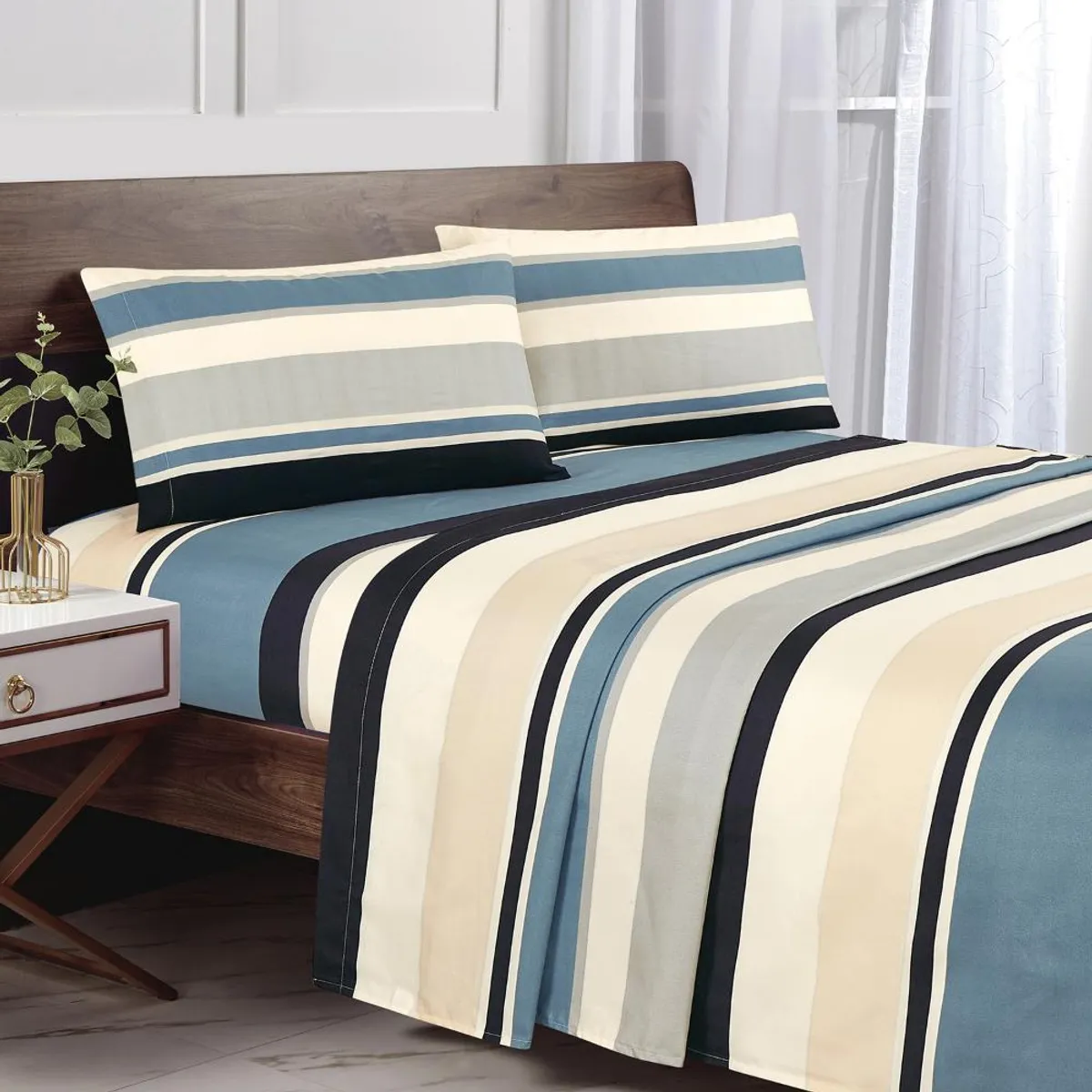 ANDES - Sabanas Andes Microfibra Estampada Franjas Azul