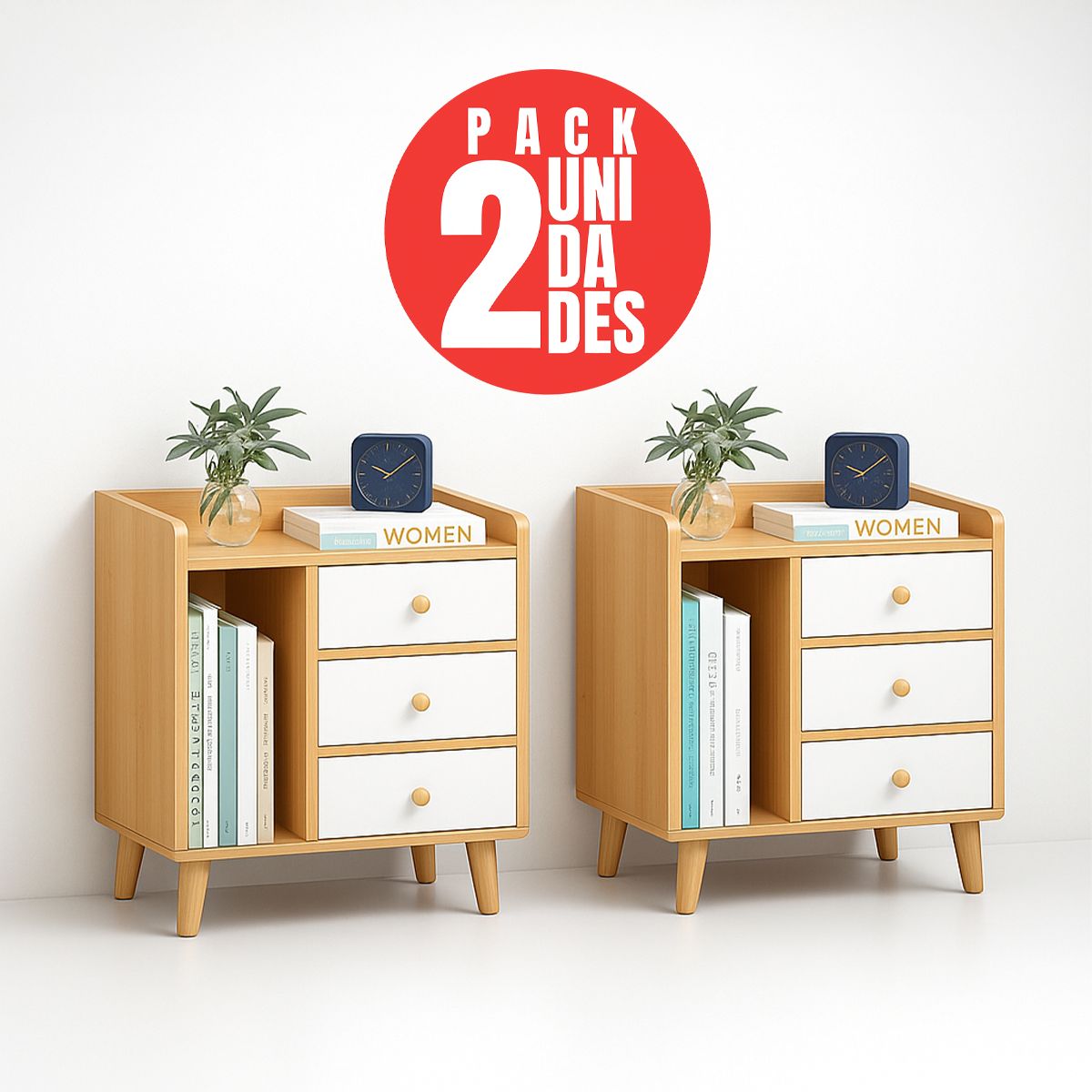 CASA BELLA - Pack 2 Veladoresde madera 3 cajones