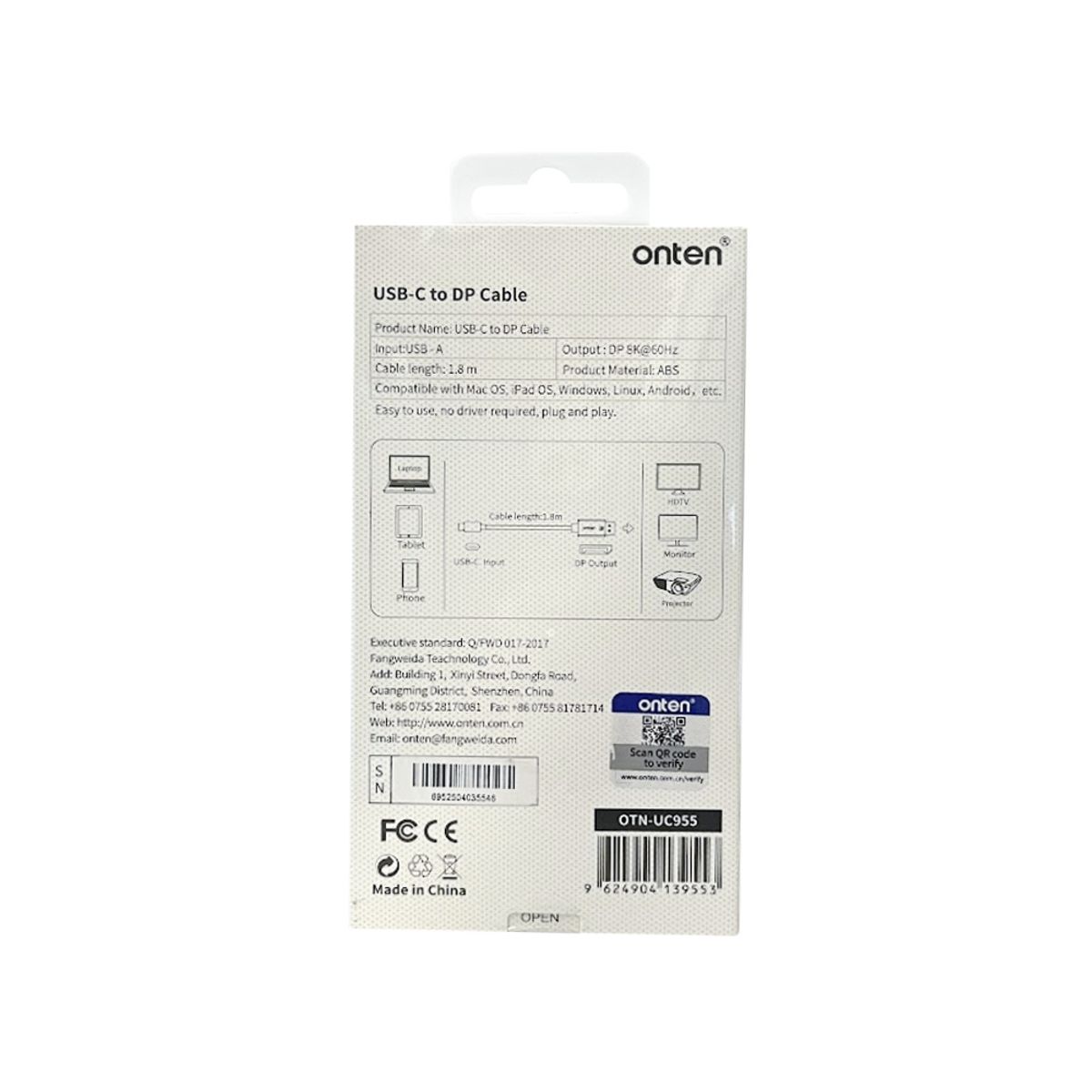 ONTEN - Cable USB-C a DisplayPort 8K 60Hz Onten OTN-UC955 1.8 m