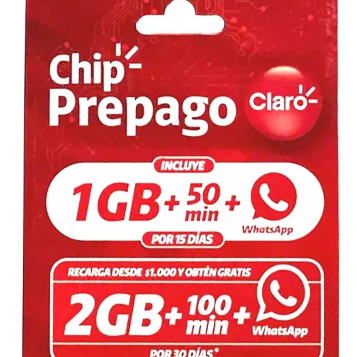 CLARO - Chip prepago Claro + 1 GB de datos + 50 minutos + WhatsApp libre (vigencia 15 días)