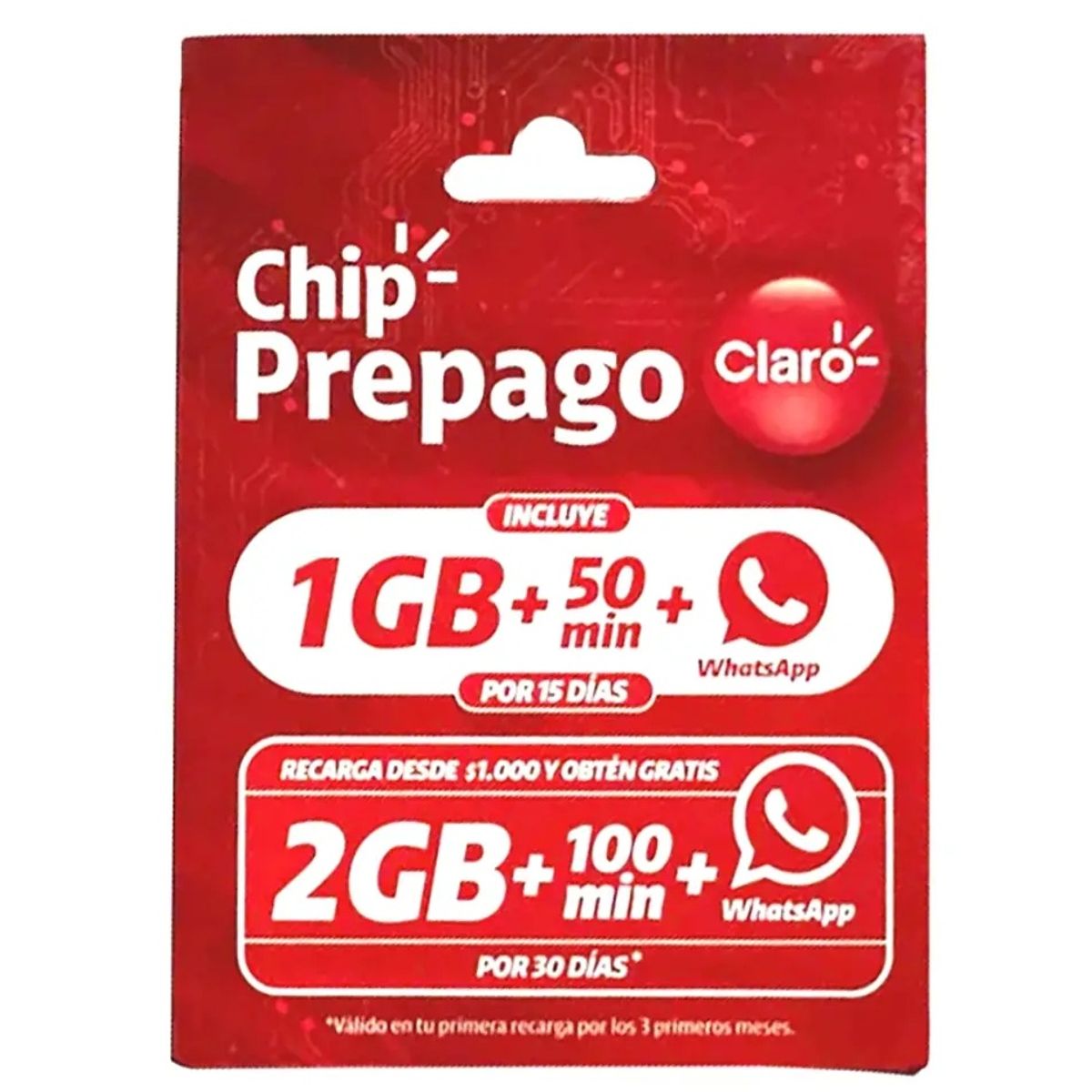 CLARO - Chip prepago Claro + 1 GB de datos + 50 minutos + WhatsApp libre (vigencia 15 días)