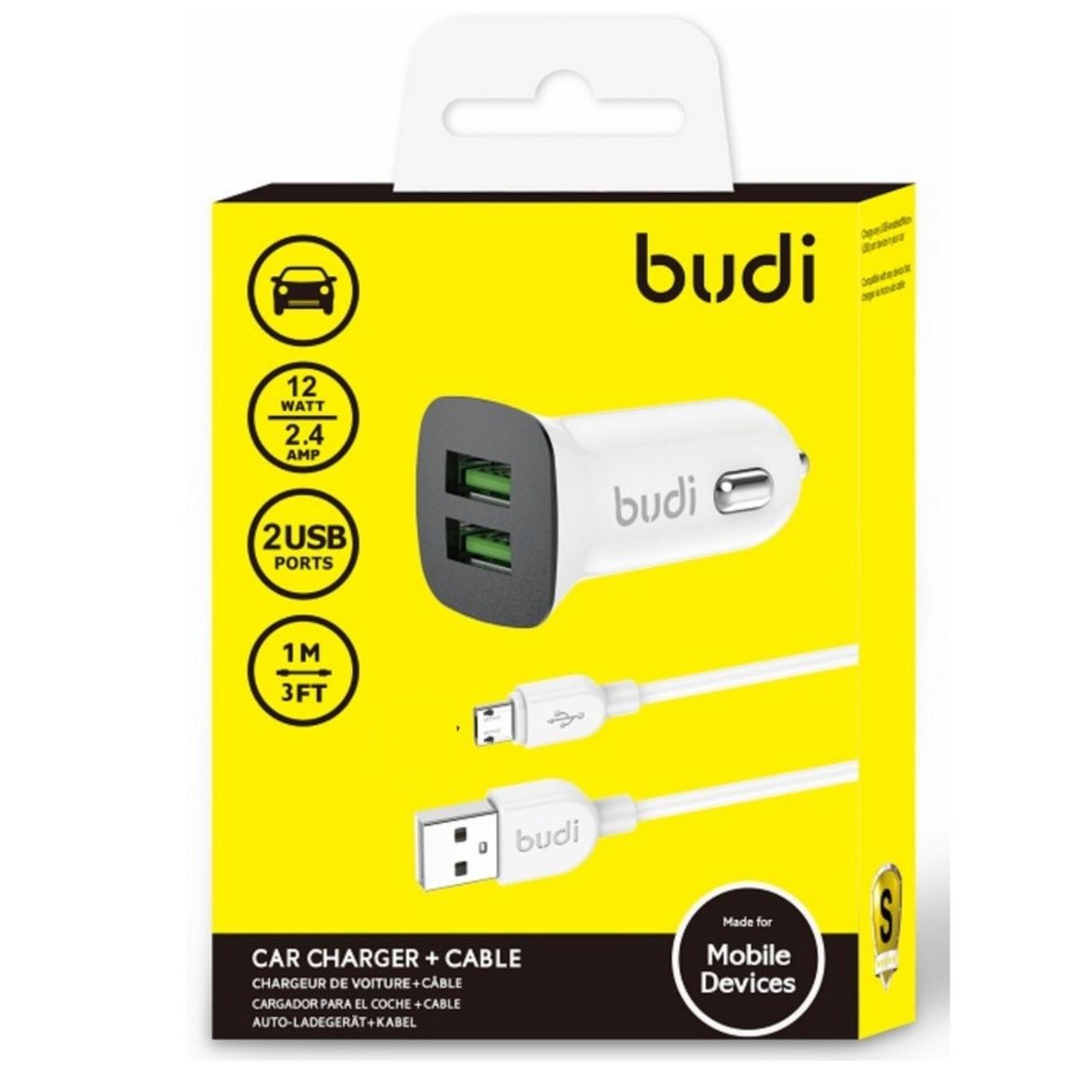 BUDI - Cargador de auto Budi con 2 puertos y cable de 1M