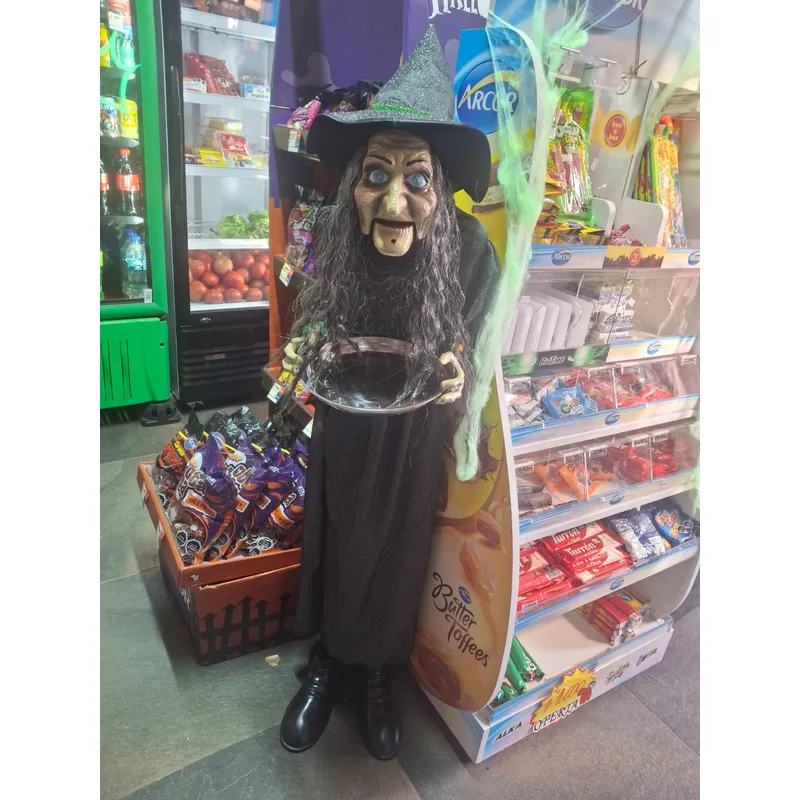 HALLOWEEN - Figura Animatrónica Bruja Malvada Tamaño Real  Ojos LED y Bandeja Portadulces  Decoración Premium Halloween