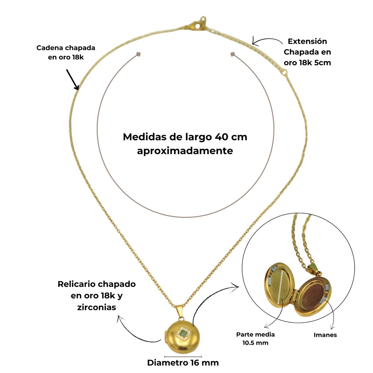 ELBAULDEJUMA - Relicario Alicia redondo zirconias magnetico chapado oro 18k