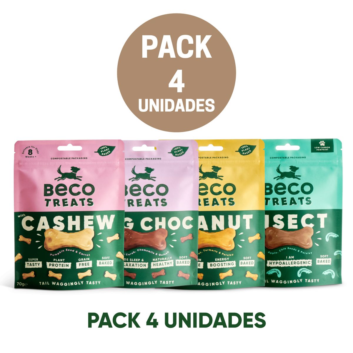 BECO PETS - Pack 4 Snacks Naturales para Perros Beco Treats Mix Sabores 70 g — Veganos, Sin Carne