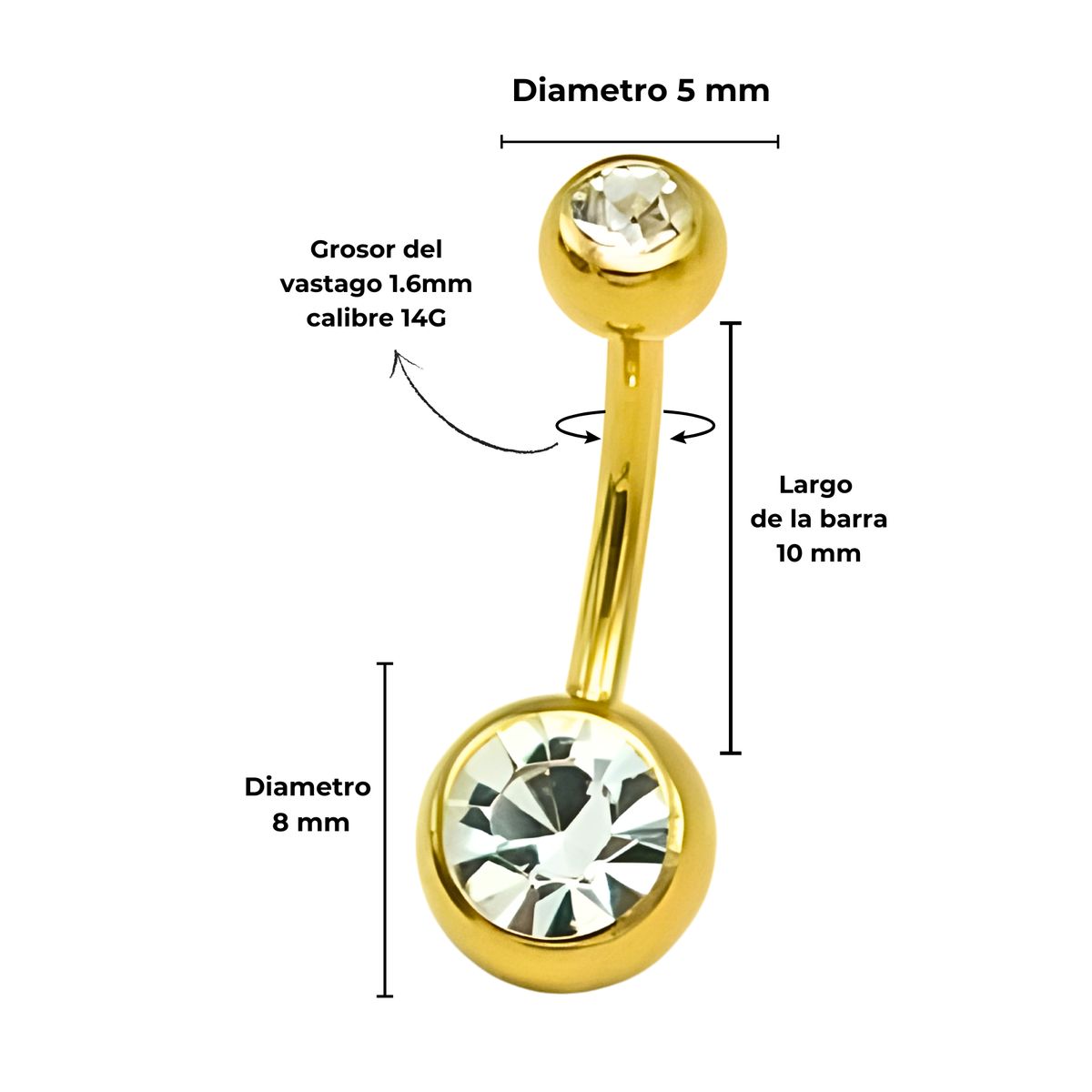 ELBAULDEJUMA - Piercing ombligo navel 14G 10mm Titanio ASTM 136 chapado en oro 18k