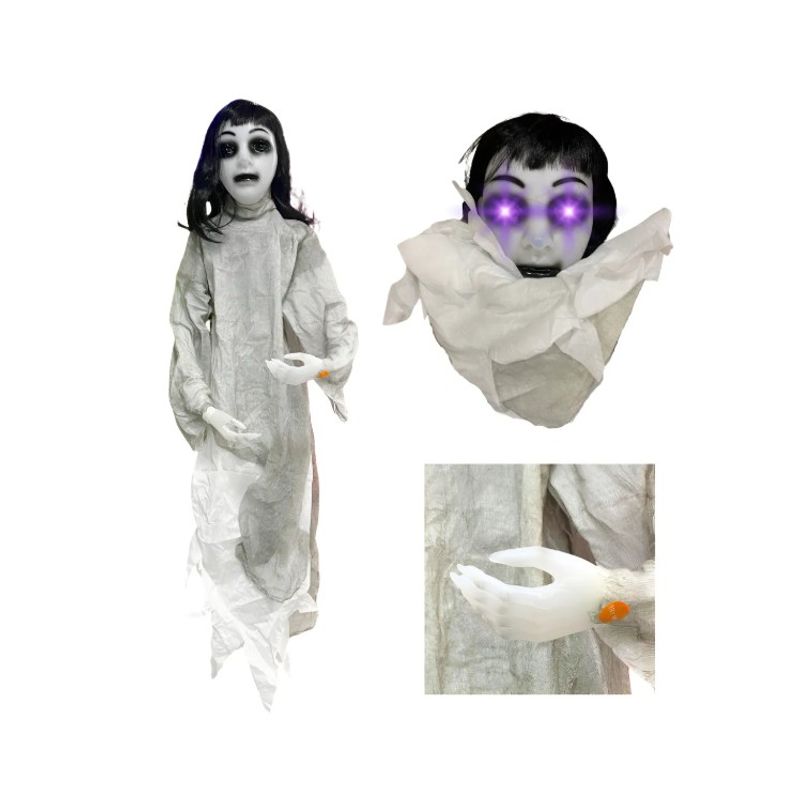 HALLOWEEN - Fantasma Animatrónico Colgante 120cm  Espíritu Niña Terror  Sensor Ojos LED y Sonido  Halloween