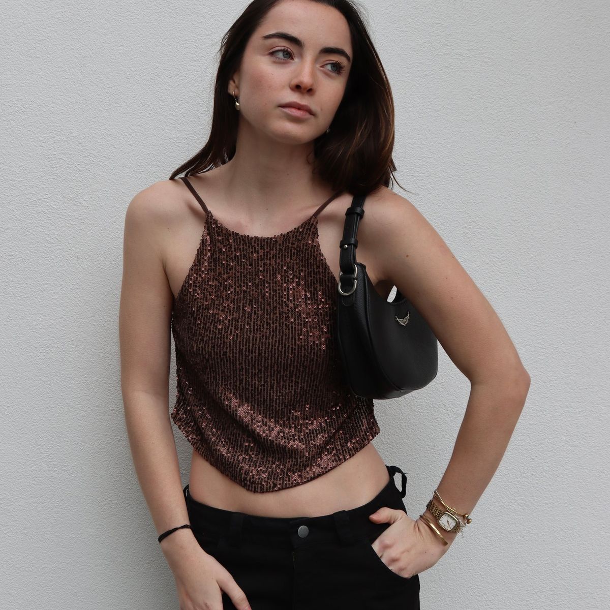 ME QUIERE MUCHO POQUITO NADA - Crop Top Lentejuelas Cafe - Ibiza - MQM