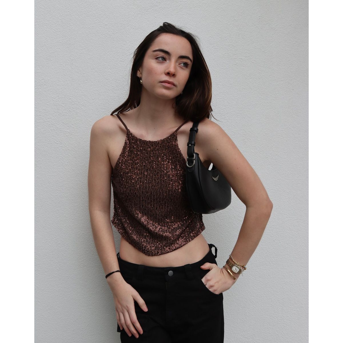 ME QUIERE MUCHO POQUITO NADA - Crop Top Lentejuelas Cafe - Ibiza - MQM