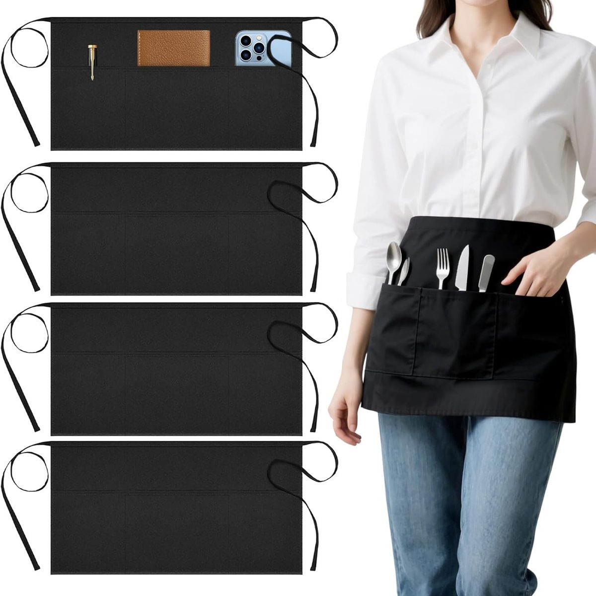 KUANGYE - 4pcs Mandil Delantal Para Chef Meseros Barbería Negro