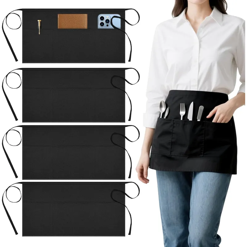KUANGYE - 4pcs Mandil Delantal Para Chef Meseros Barbería Negro