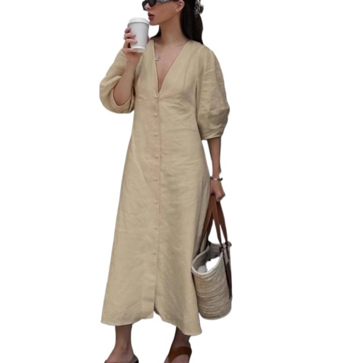 GIOIO - Vestido Mujer Casual Versátil y Cómodo Beige