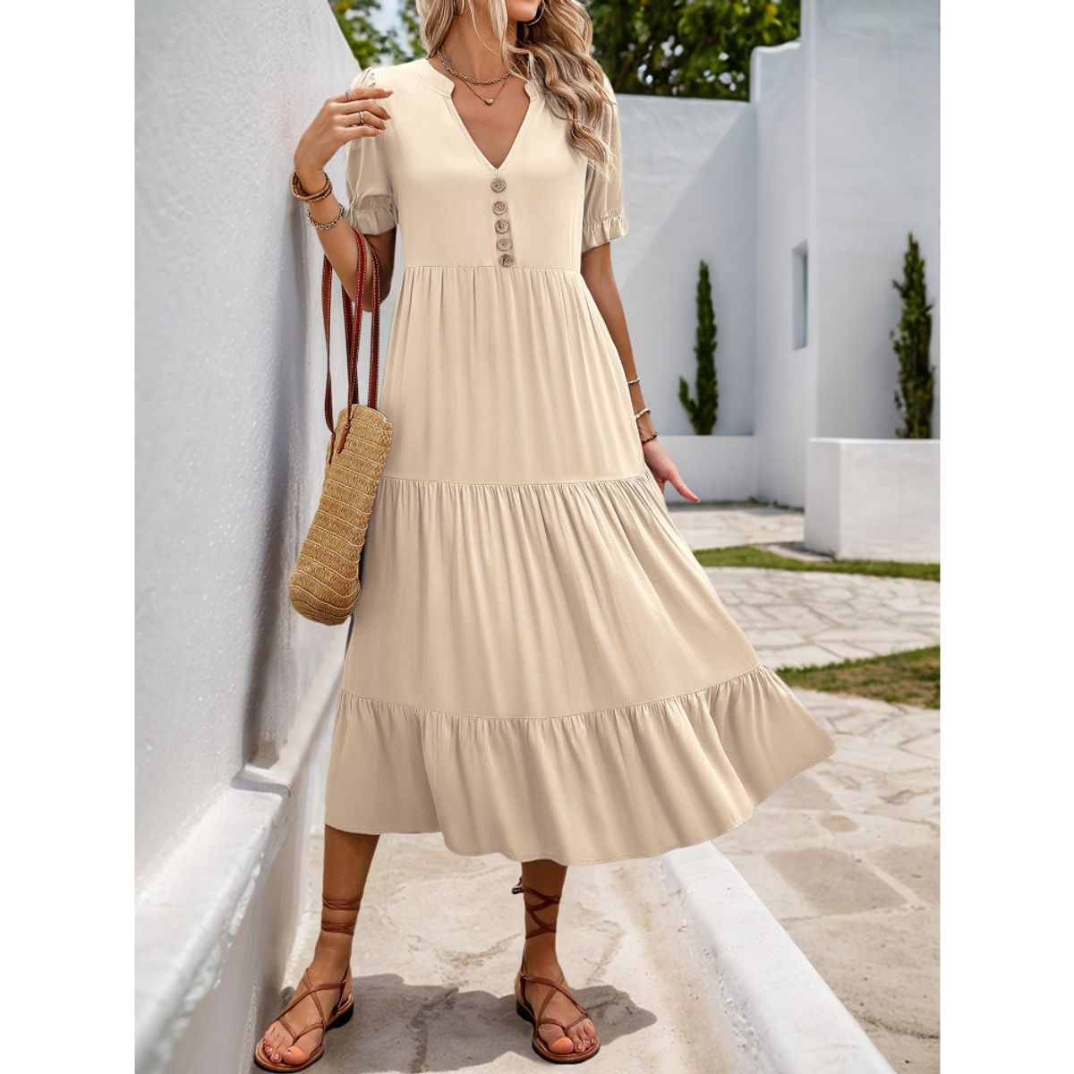GIOIO - Vestido Mujer Casual Versátil y Cómodo Beige