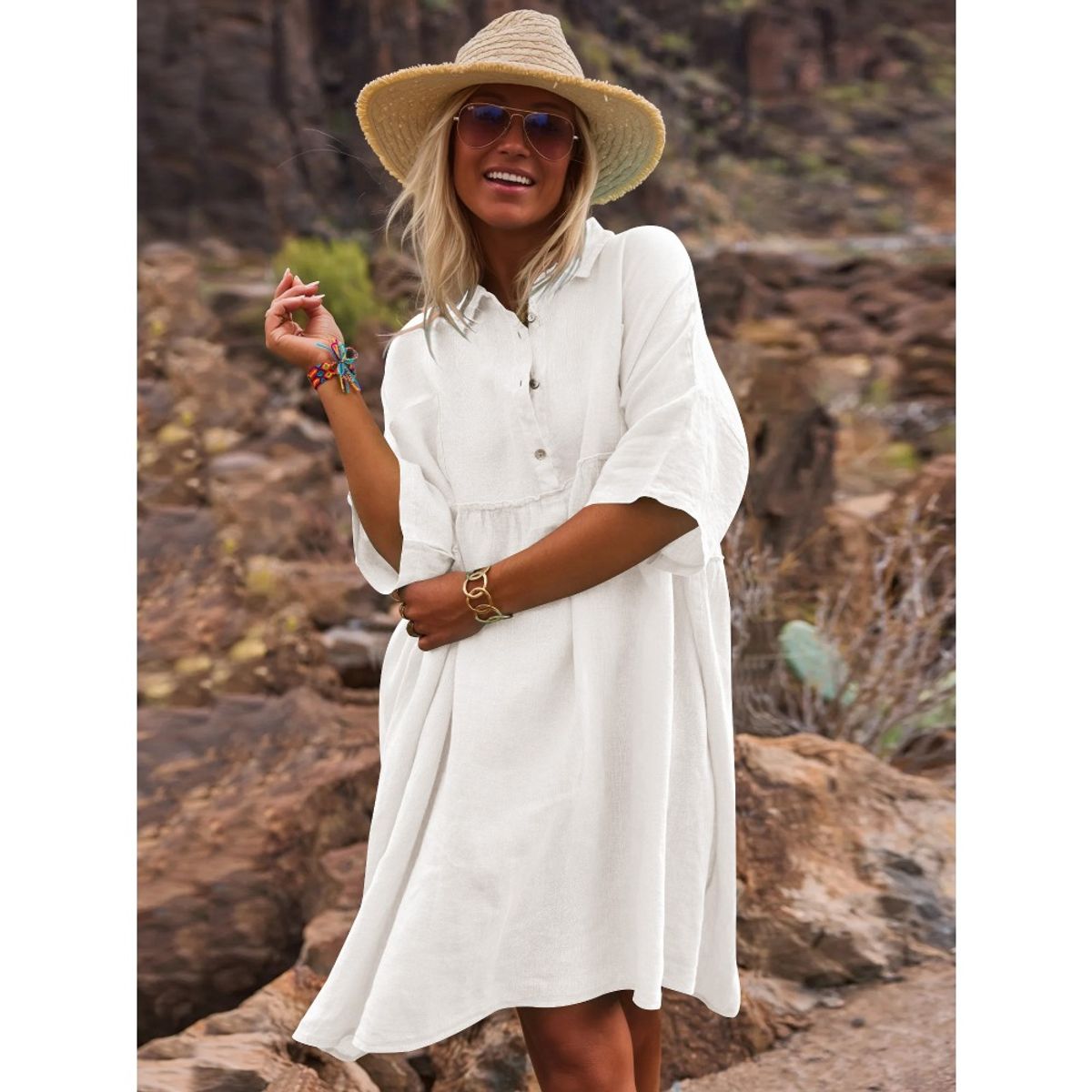 GIOIO - Vestido Mujer Casual Versátil y Cómodo Blanco