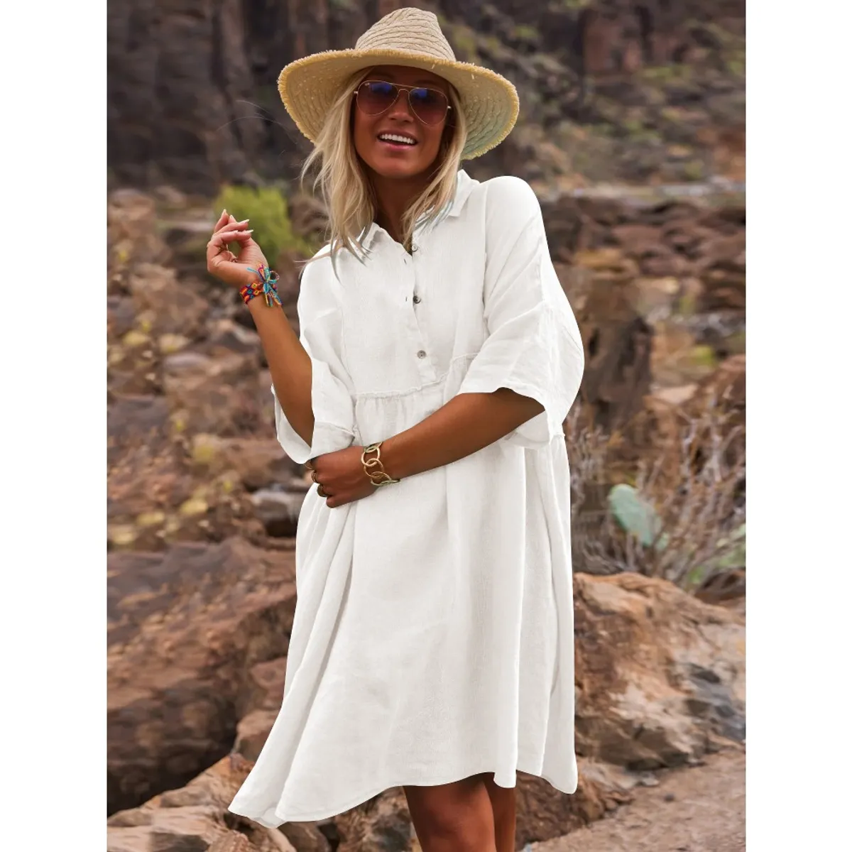 GIOIO - Vestido Mujer Casual Versátil y Cómodo Blanco