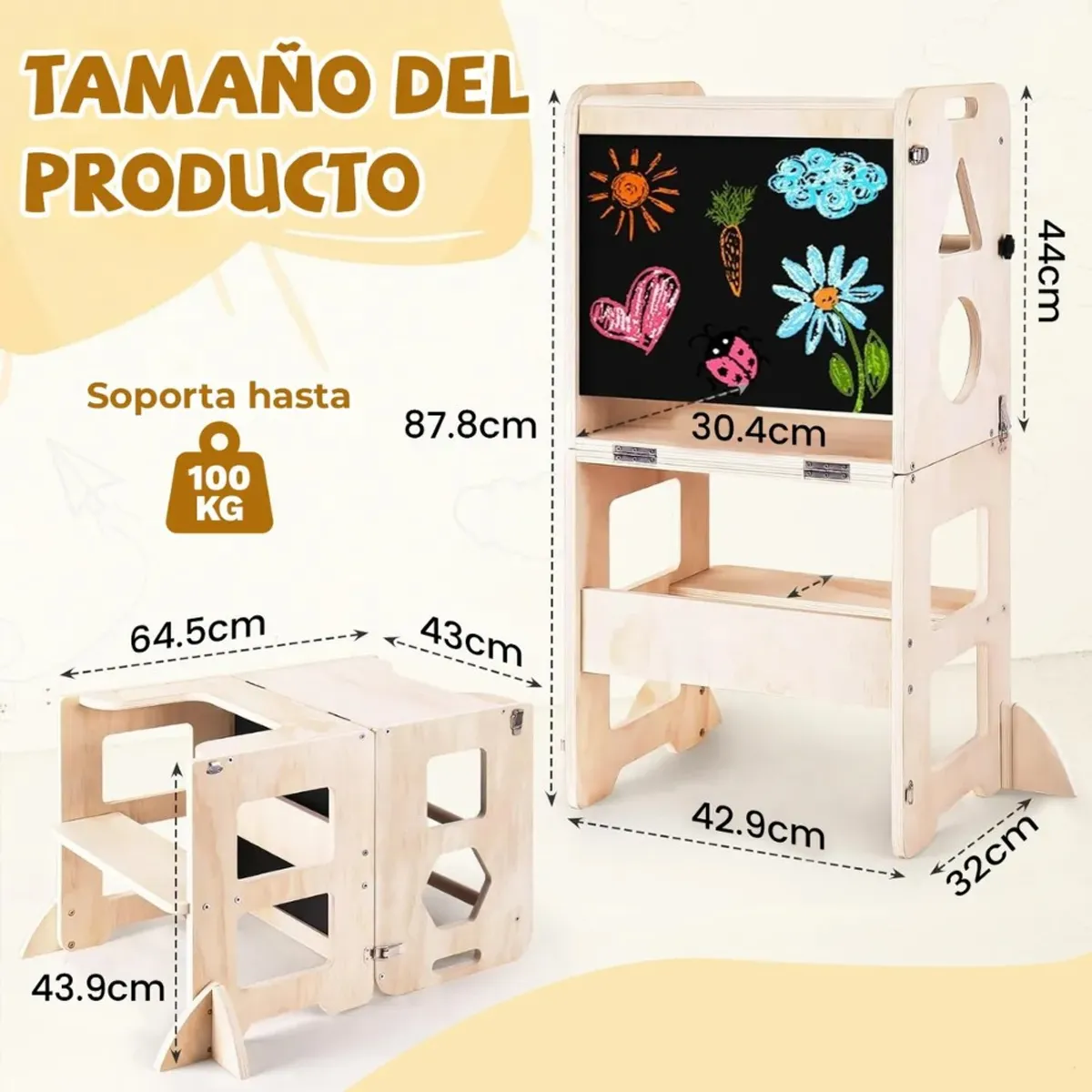 GENERICO - Torre De Aprendizaje Montessori 3 En 1 Plegable Con Pizarra Madera