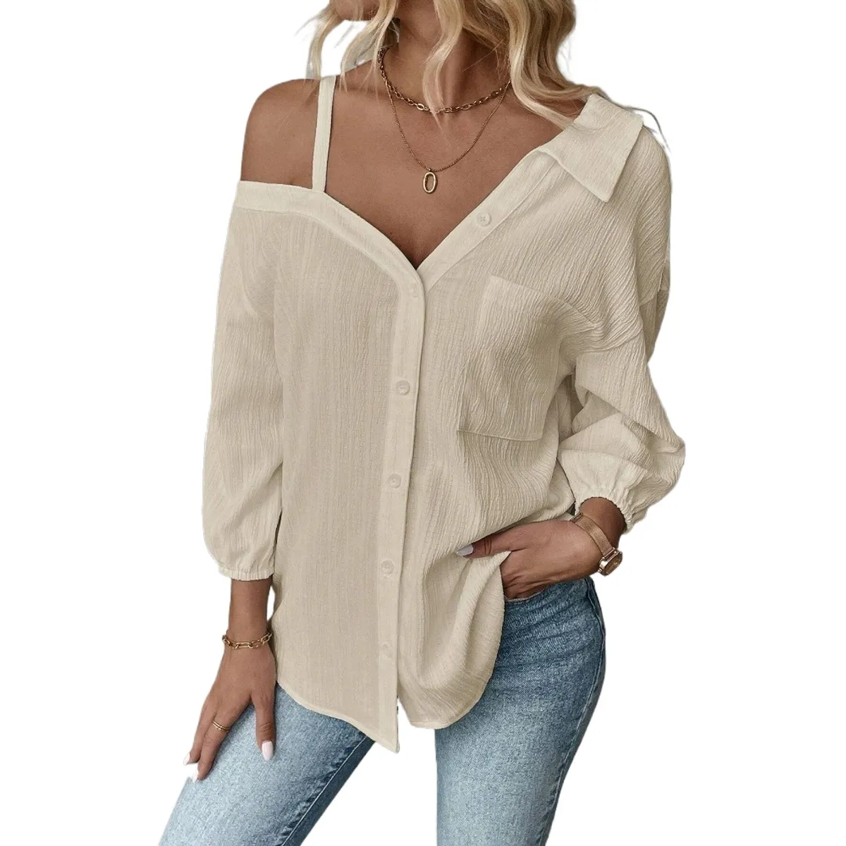 GIOIO - Blusa Mujer Casual Ajustada Elegante Beige