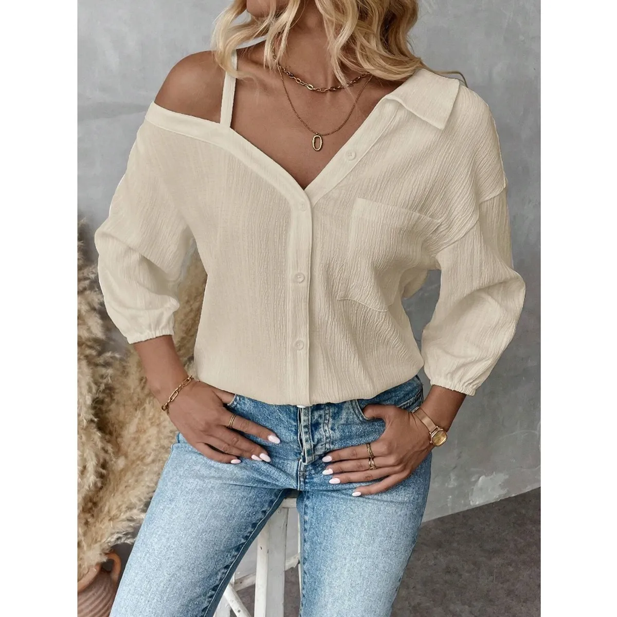 GIOIO - Blusa Mujer Casual Ajustada Elegante Beige