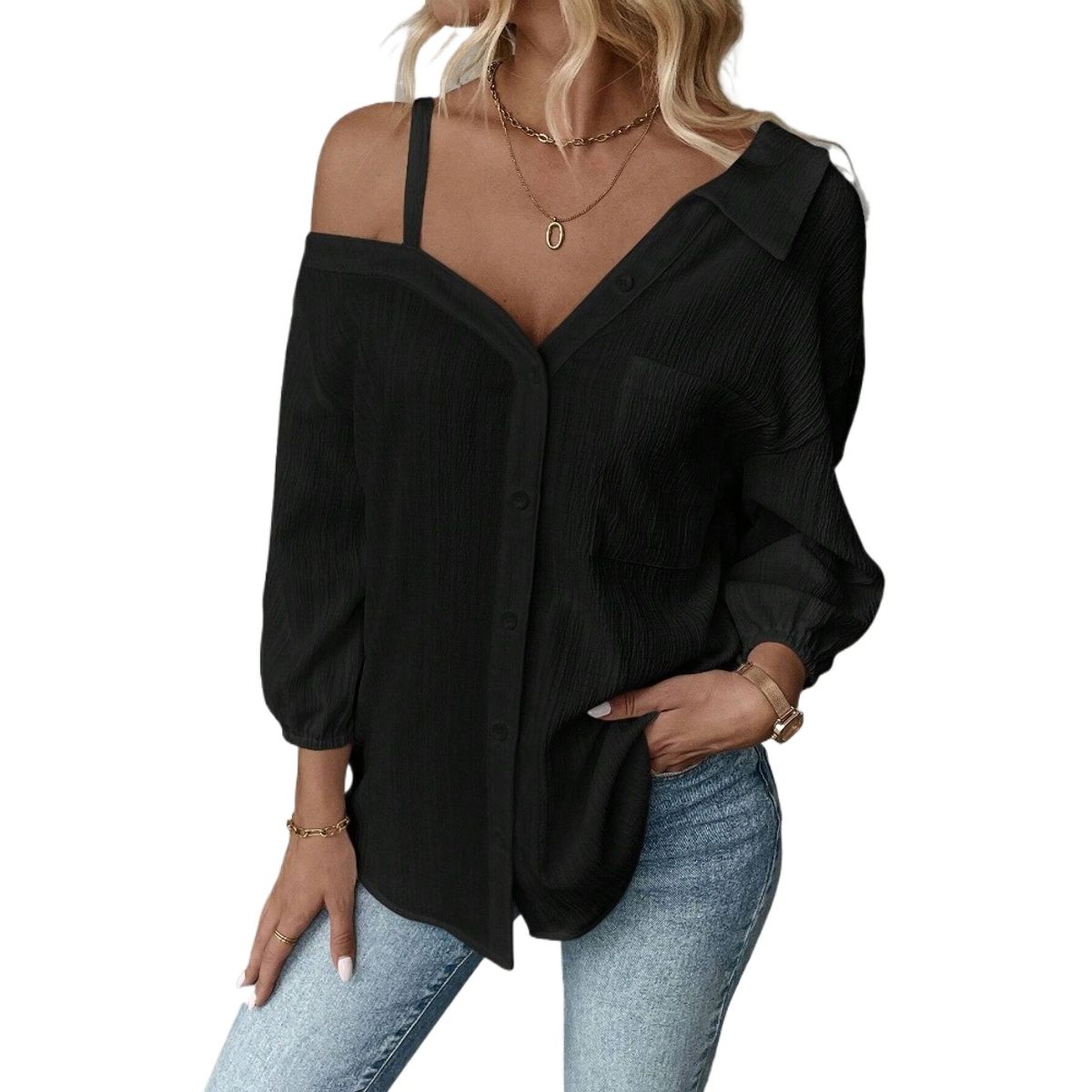 GIOIO - Blusa Mujer Casual Ajustada Elegante Negro