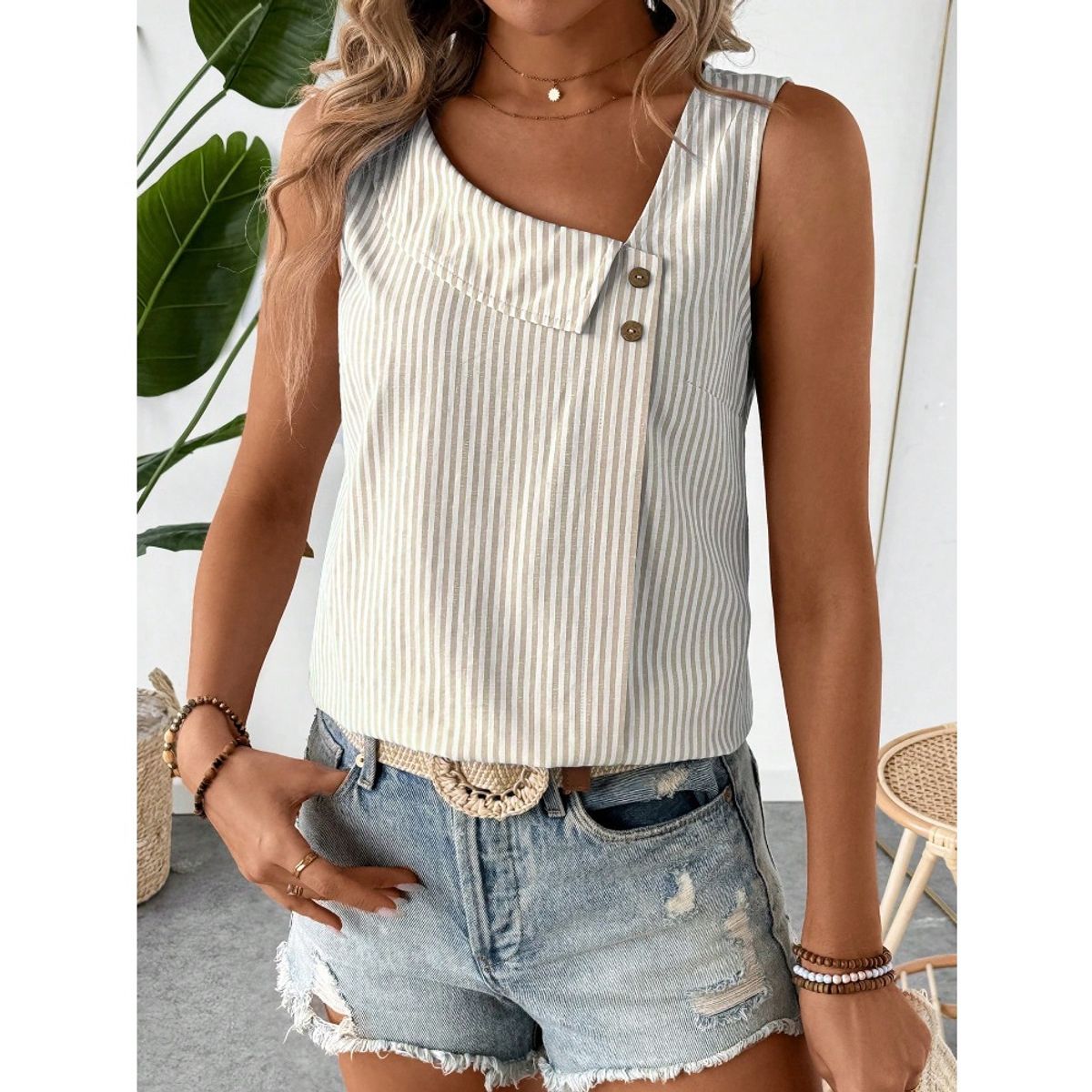 GIOIO - Blusa Mujer Casual Ajustada Elegante Beige