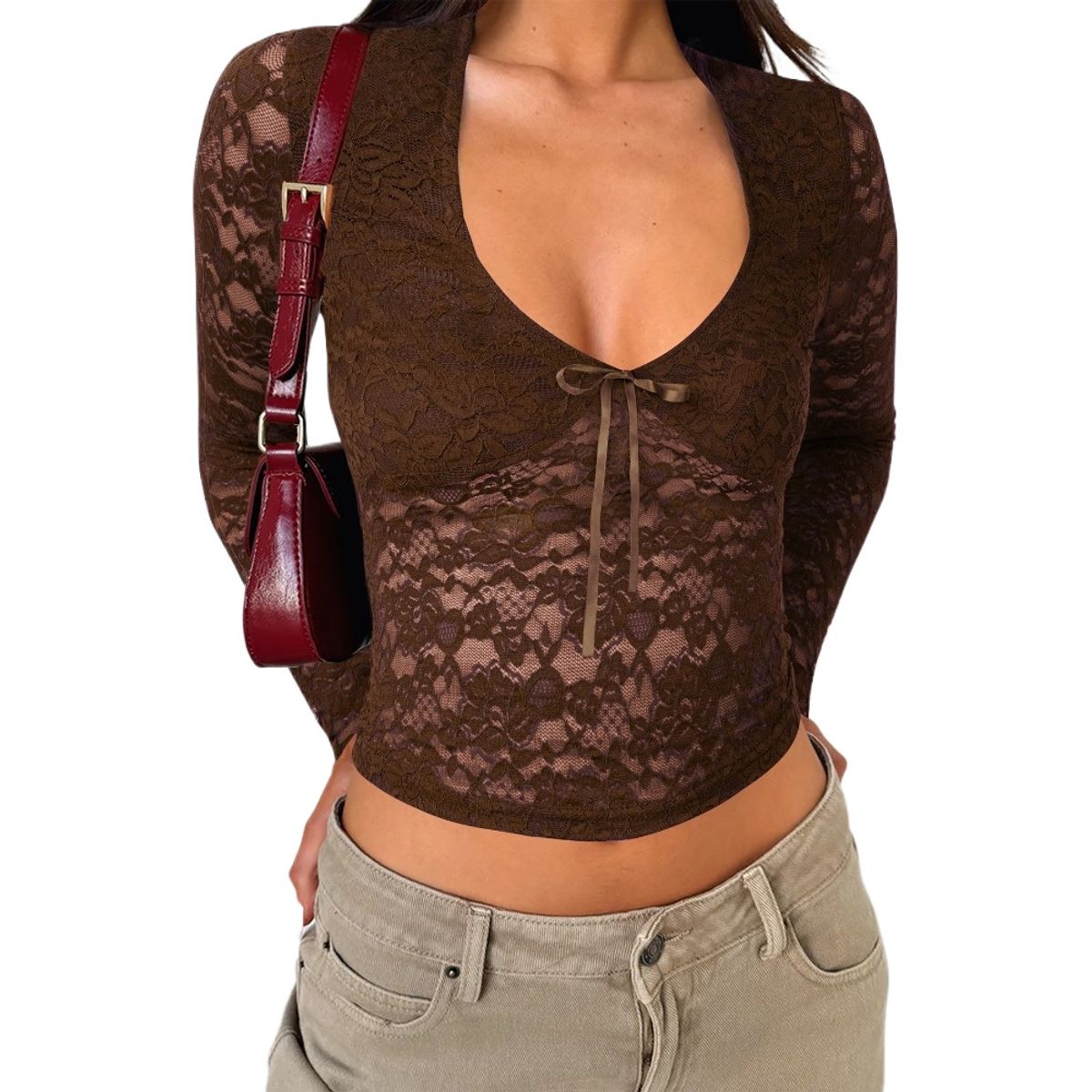 GIOIO - Blusa Mujer Casual Ajustada Elegante Marrón