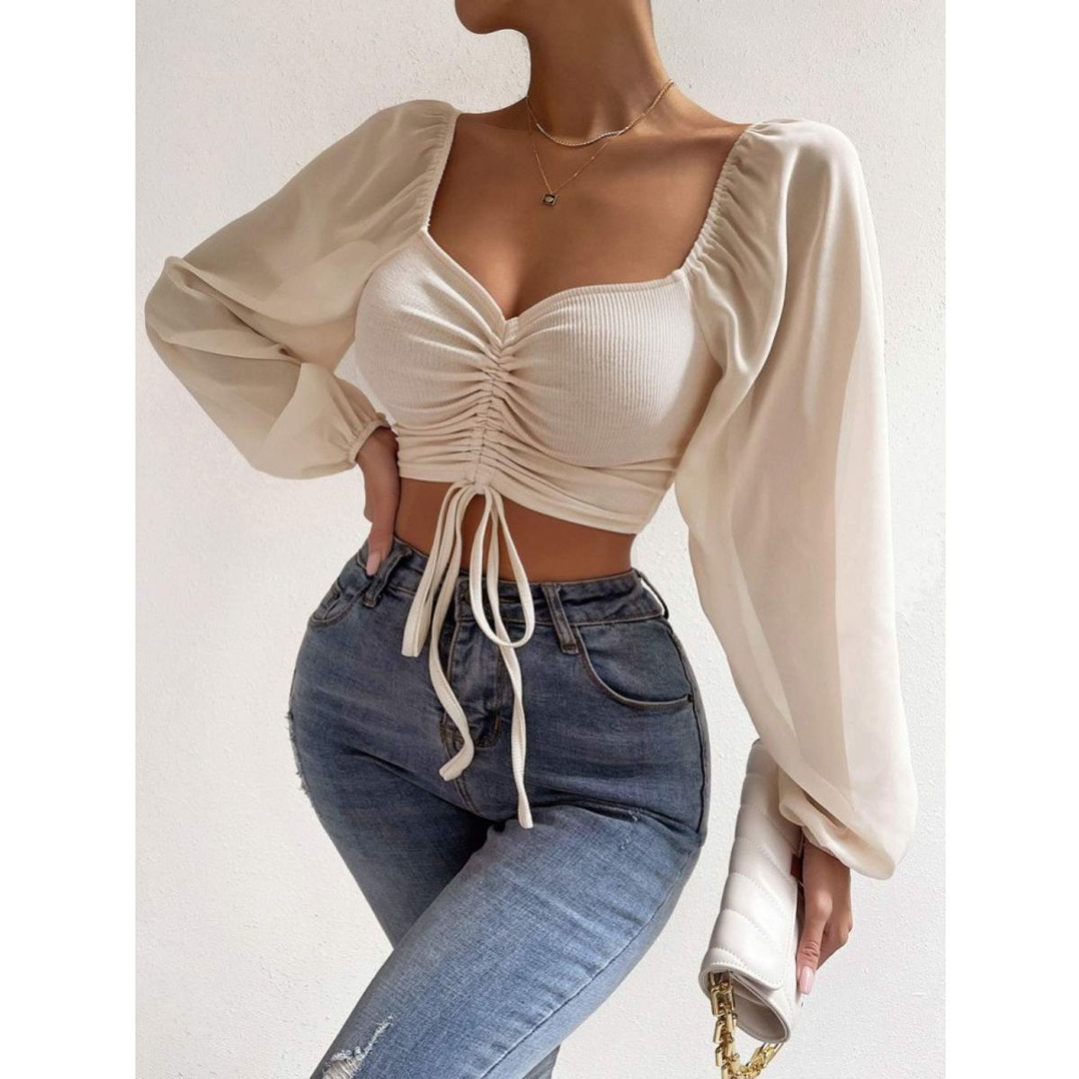 GIOIO - Blusa Mujer Casual Ajustada Elegante Beige