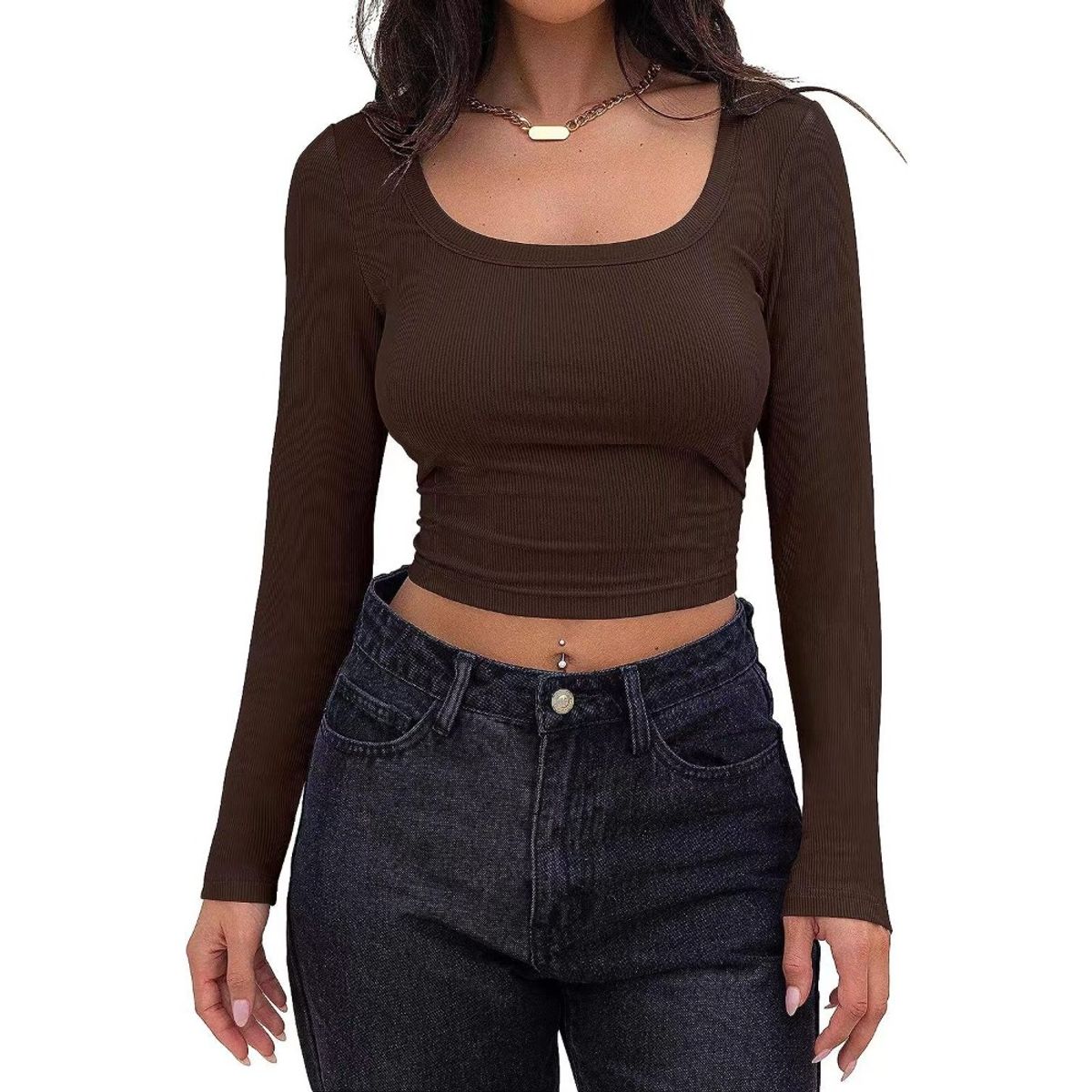 GIOIO - Blusa Mujer Casual Ajustada Elegante Marrón