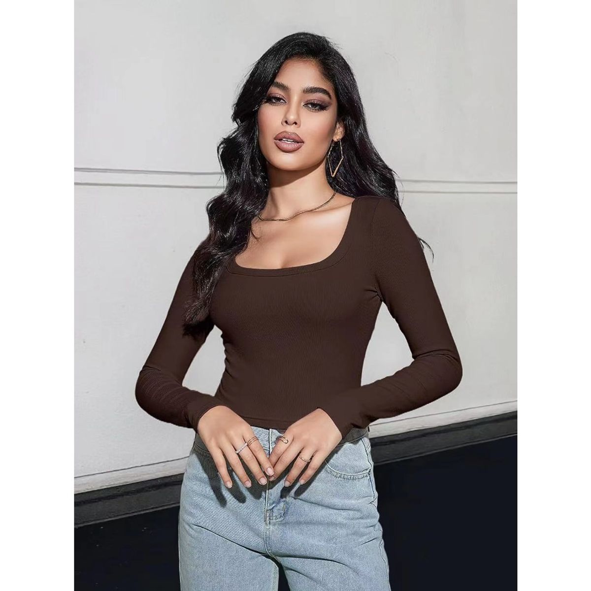 GIOIO - Blusa Mujer Casual Ajustada Elegante Marrón