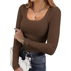 GIOIO - Blusa Mujer Casual Ajustada Elegante Marrón