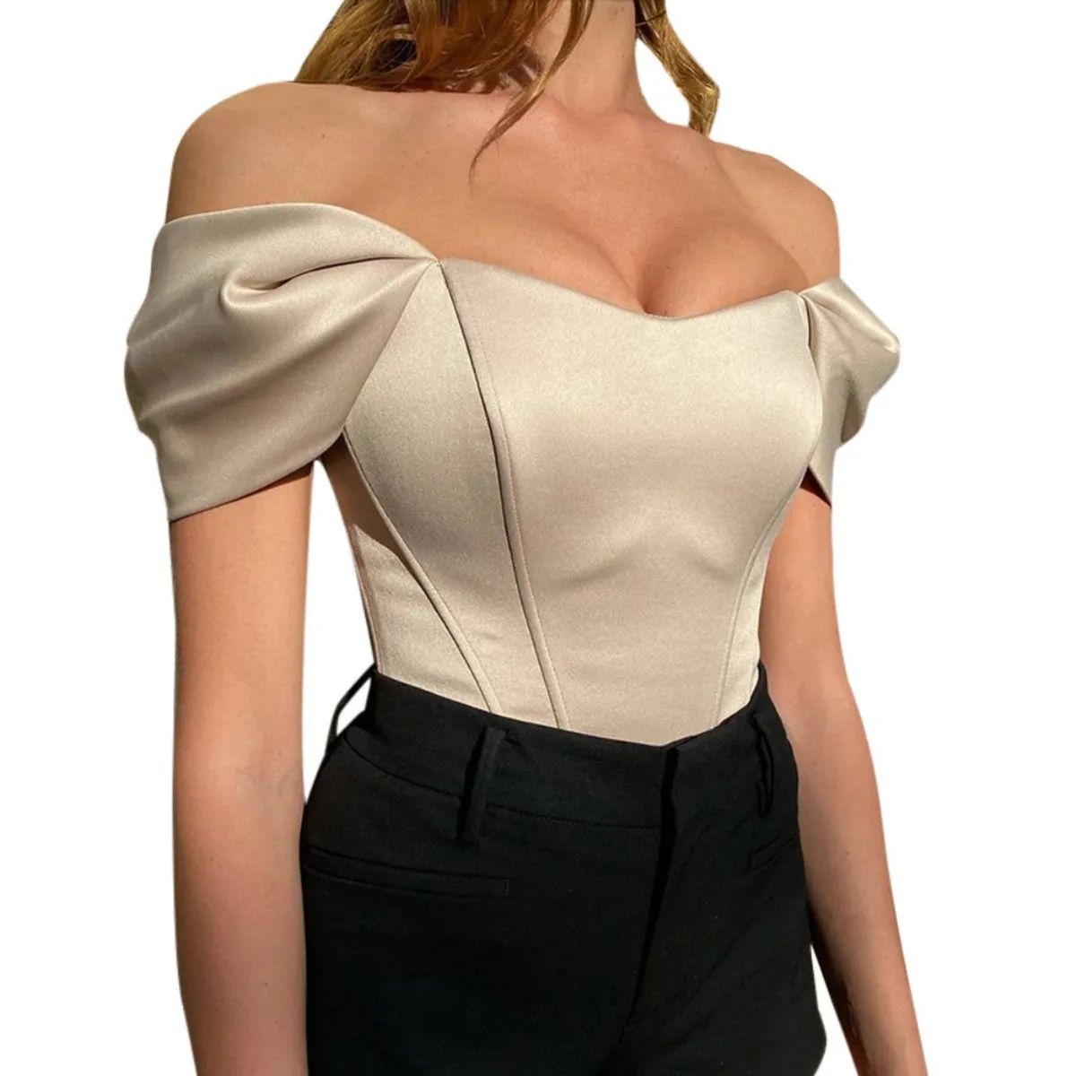 GIOIO - Blusa Mujer Casual Ajustada Elegante Beige
