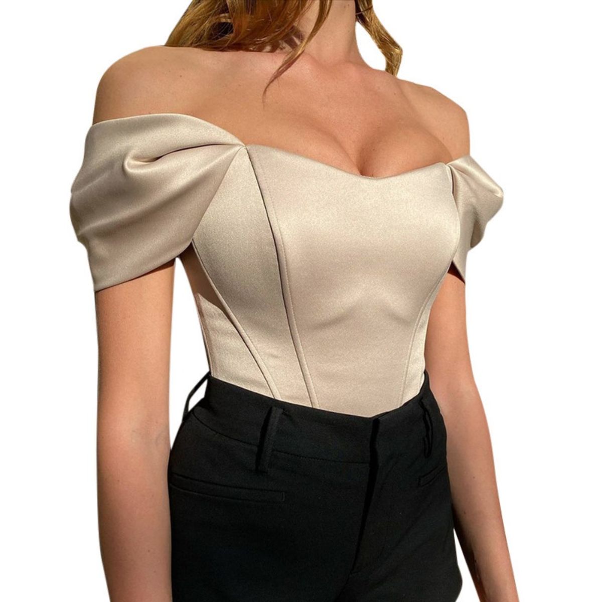 GIOIO - Blusa Mujer Casual Ajustada Elegante Beige