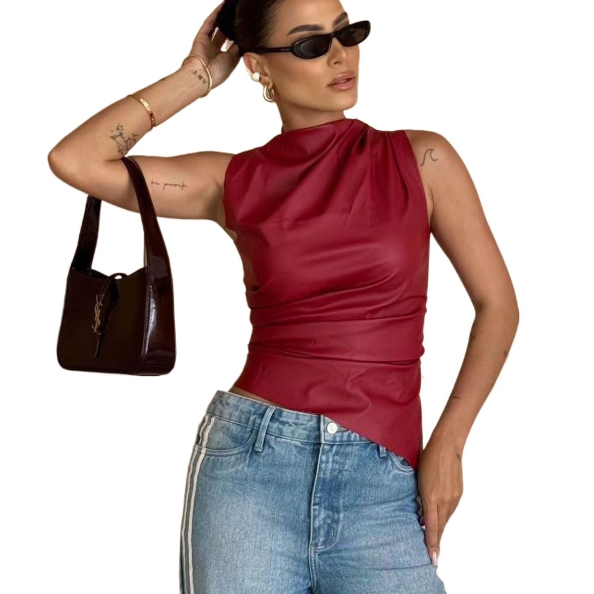 GIOIO - Blusa PU Mujer Casual Verano Rojo