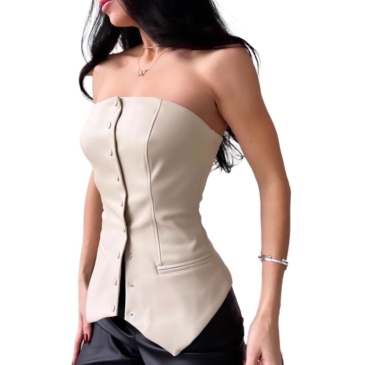 GIOIO - Blusa PU Mujer Casual Verano Beige